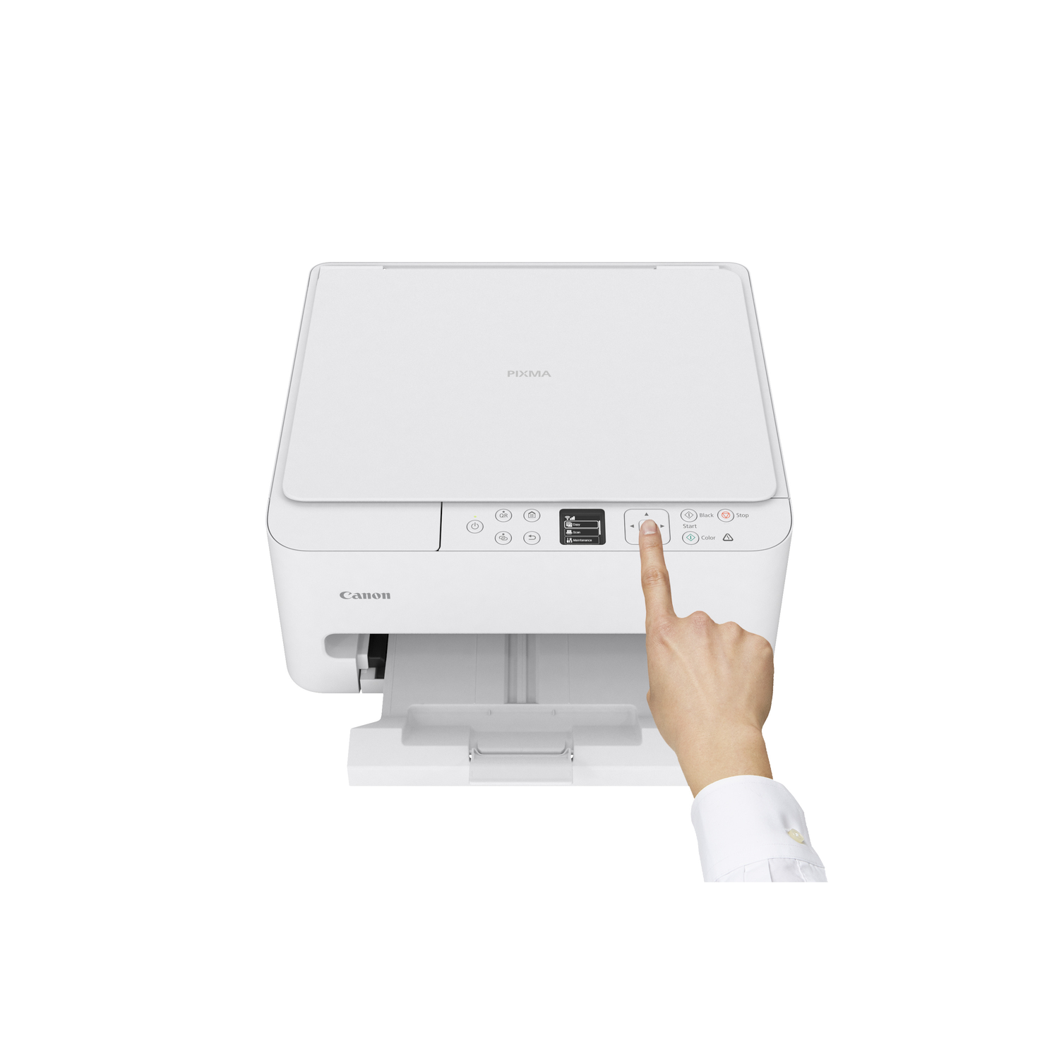 A white Canon Pixma printer. A hand is pressing a button on the control panel. The printer is on a white surface.