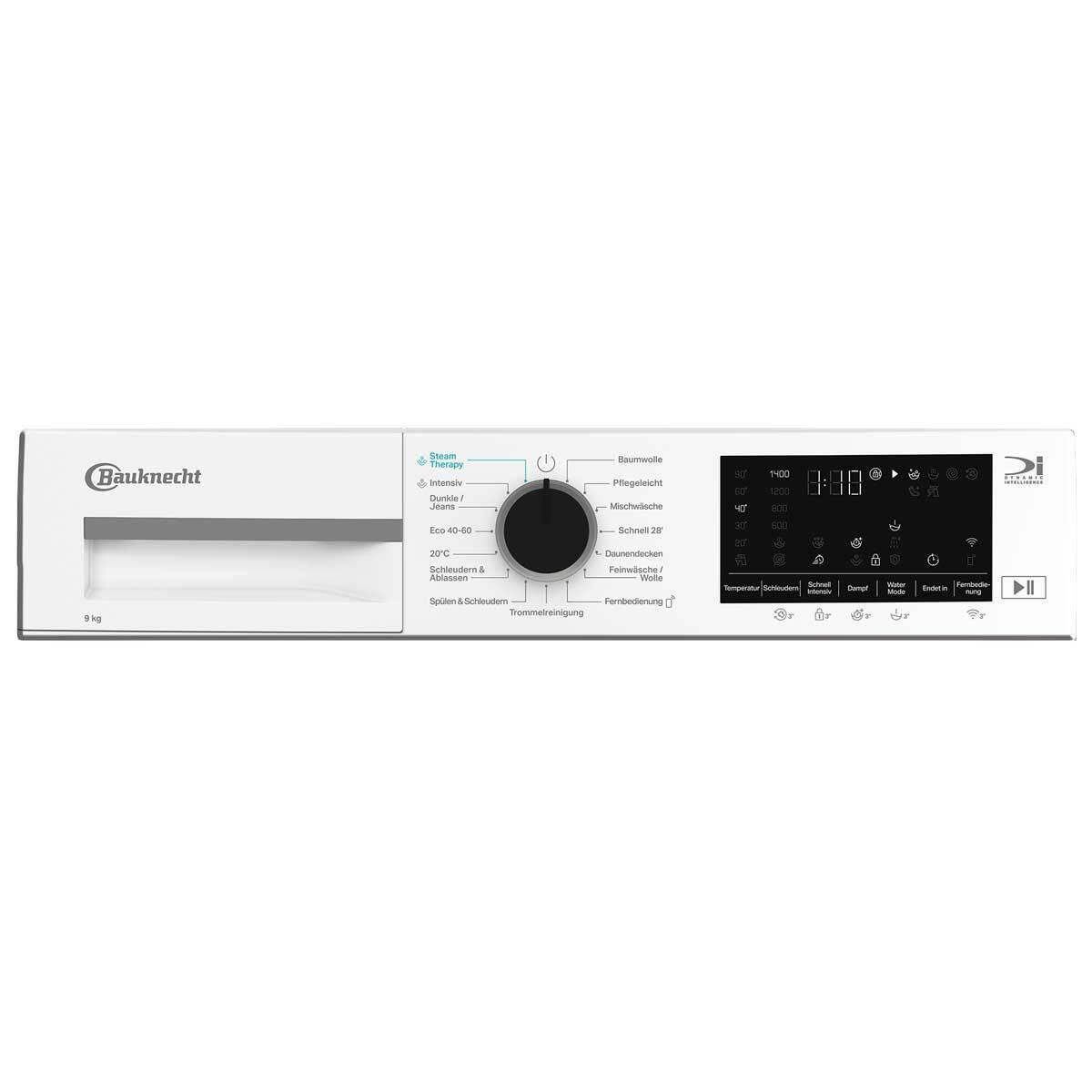 Ein weißes Bedienfeld einer Waschmaschine. Es hat einen Drehregler und ein Digitaldisplay mit Einstellungen und Zeit.