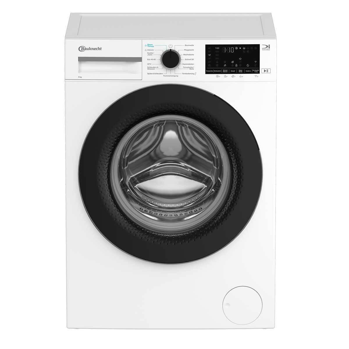 Weiße Waschmaschine mit schwarzer Tür und Bedienfeld. Hat Knöpfe, Display und den Markennamen Bauknecht.