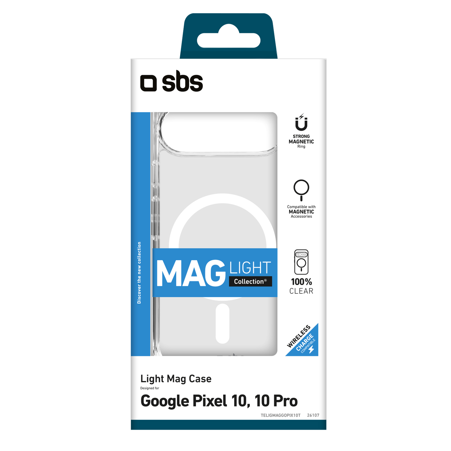 Transparante telefoonhoesverpakking. Bevat tekst: Light Mag Case, Google Pixel 10, 10 Pro, MAG LIGHT Collection, draadloos opladen compatibel.