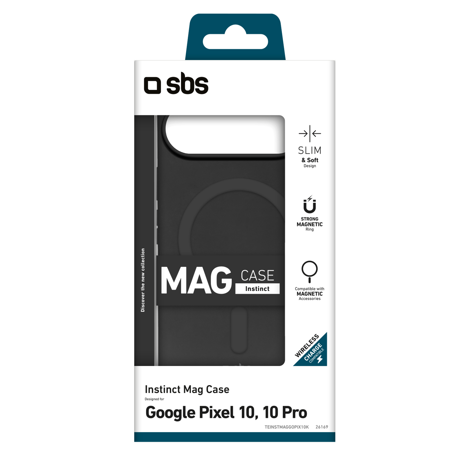 Een witte doos toont een zwarte telefoonhoes voor Google Pixel. Tekst bevat 'MAG CASE Instinct', 'SLIM & Soft' en 'WIRELESS CHARGE COMPATIBLE'.
