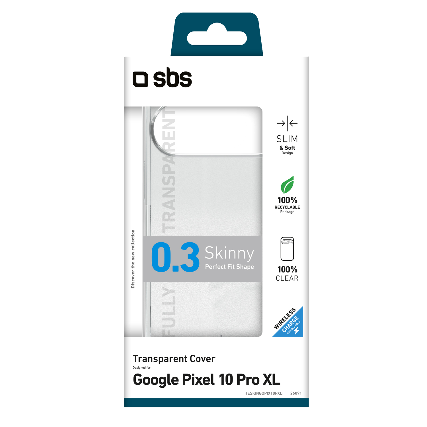 A phone case package. The package is white with the product name and specifications. The case is transparent and designed for Google Pixel.