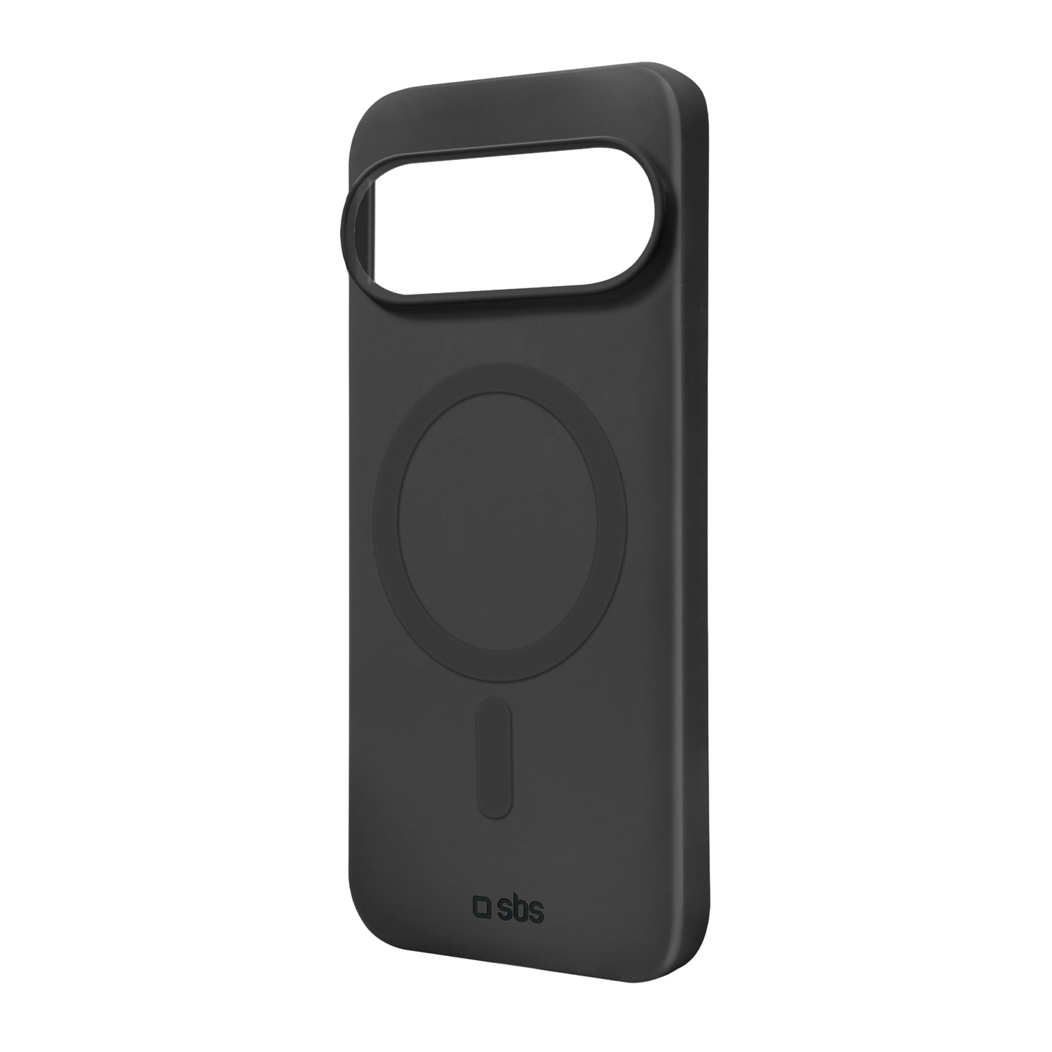 Une coque de téléphone noire, avec une découpe caméra, un design circulaire et un logo 'sbs'.