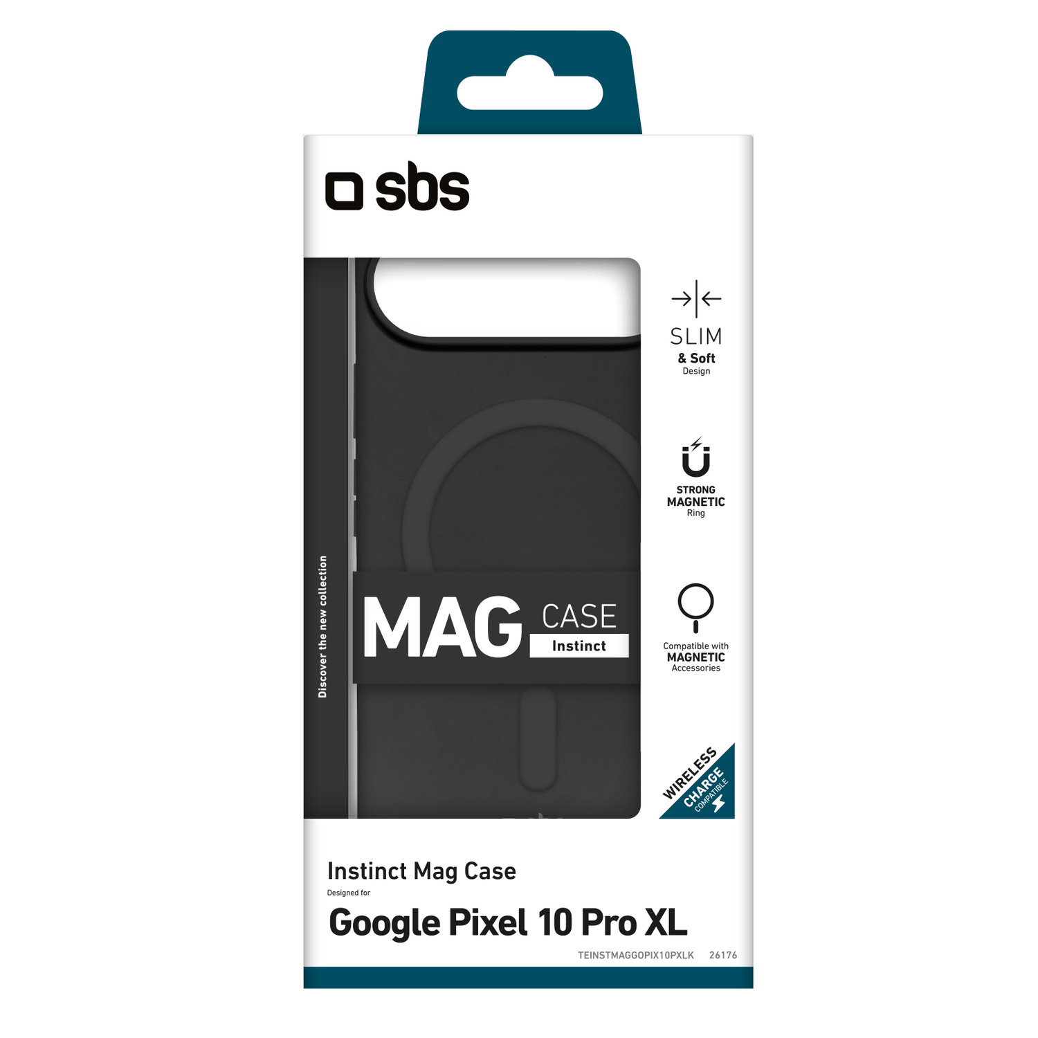 Une boîte blanche avec le logo sbs. Il est écrit 'MAG Case Instinct' et 'Google Pixel 10 Pro XL'. C'est un étui de téléphone.