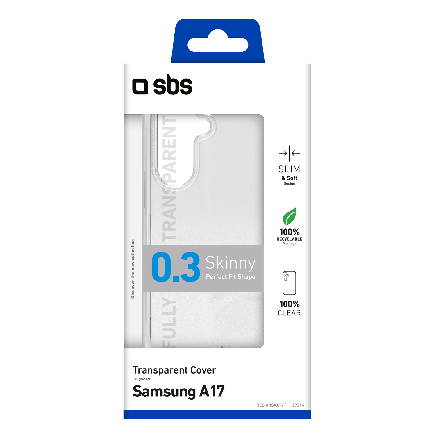 Een witte telefoonhoesverpakking met het merk 'sbs'. Er staat 'Transparante cover' voor Samsung A17. Kenmerken zijn slank design en 100% recyclebaar.