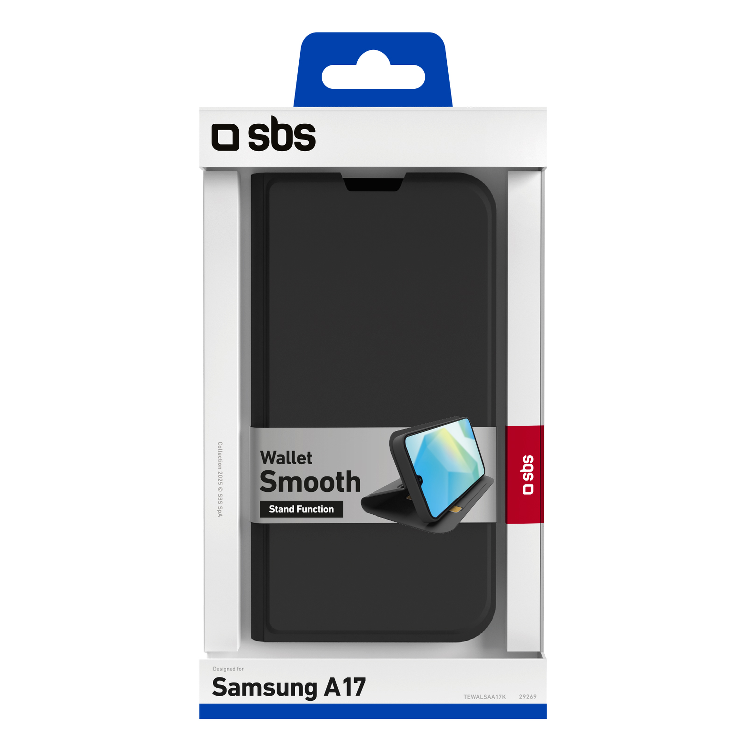 Een zwarte telefoonhoes in een witte doos. De doos heeft het SBS-logo en de tekst 'Wallet Smooth'. Het is voor een Samsung A17.