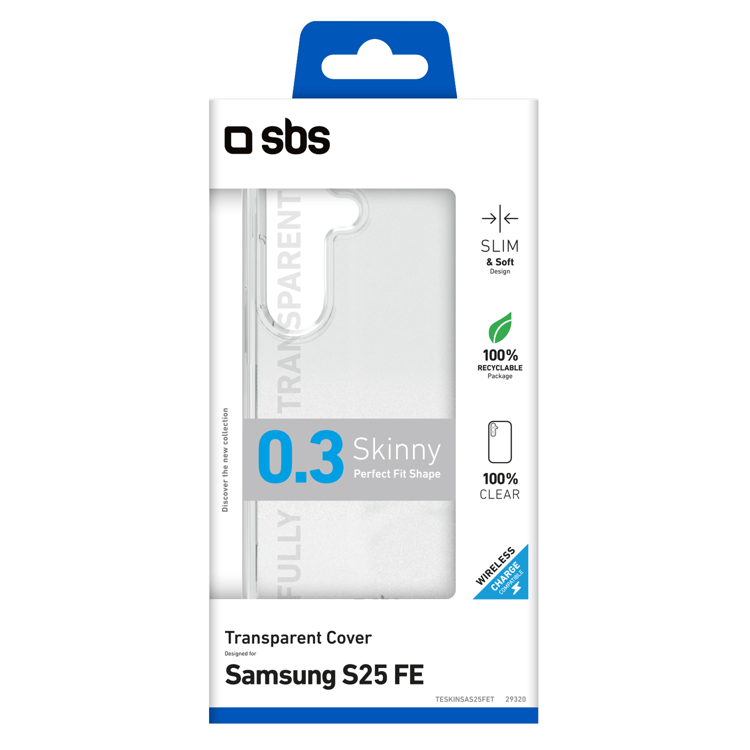 Een transparante telefoonhoesverpakking voor Samsung S25 FE. Het heeft het 'sbs'-logo, de tekst '0.3 Skinny' en pictogrammen voor slank ontwerp, draadloos opladen.