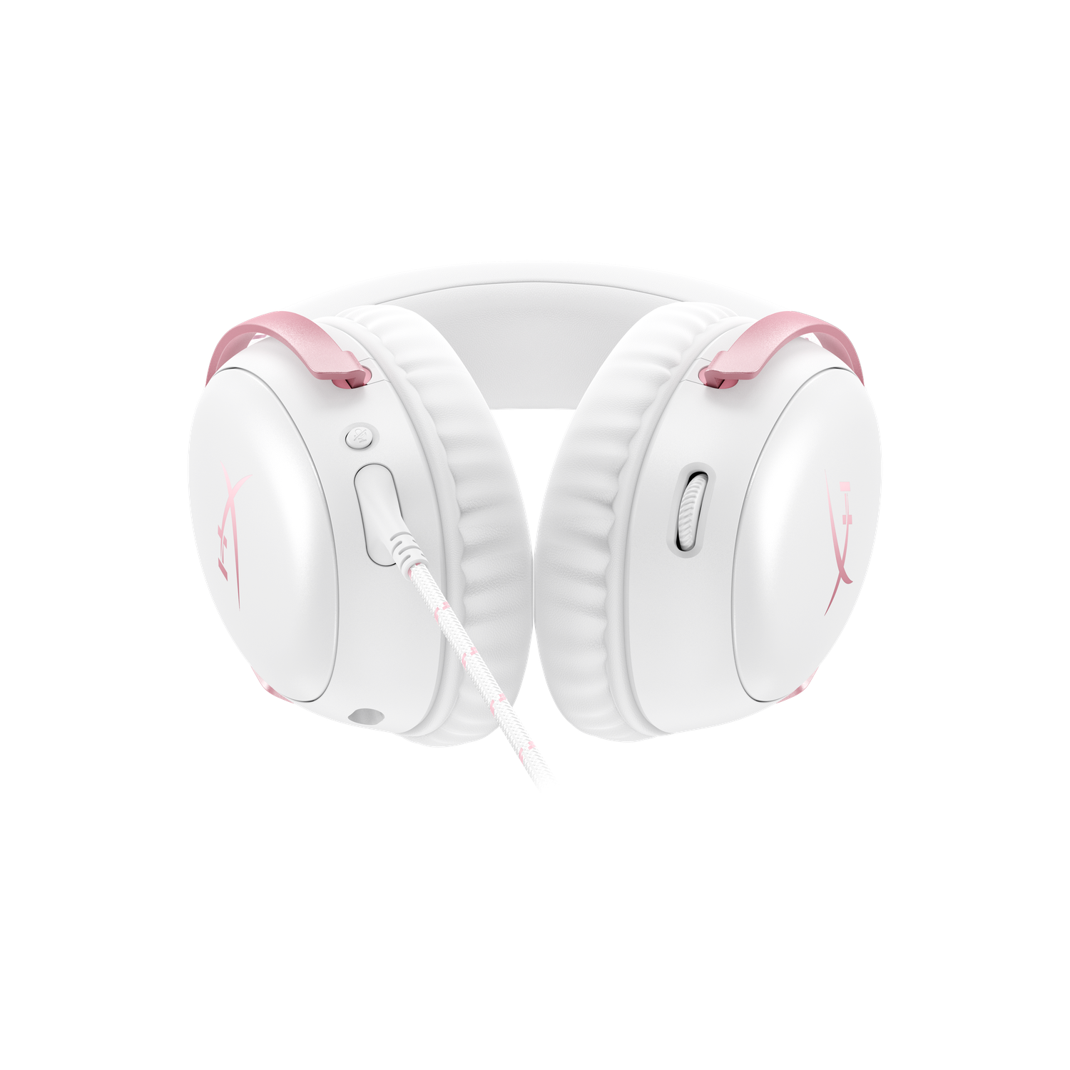 White and pink gaming headset. The headset has white earcups, a white headband, and pink accents. A pink and white braided cable is visible.