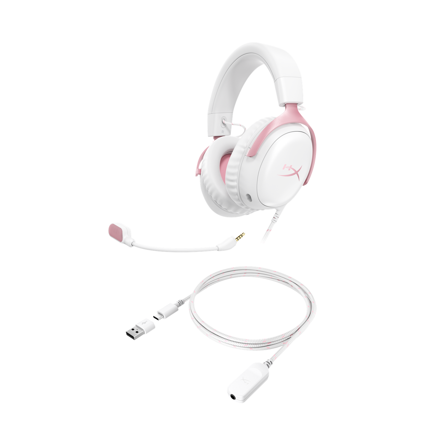 White and pink HyperX gaming headset with detachable microphone and cables, set against a black background.