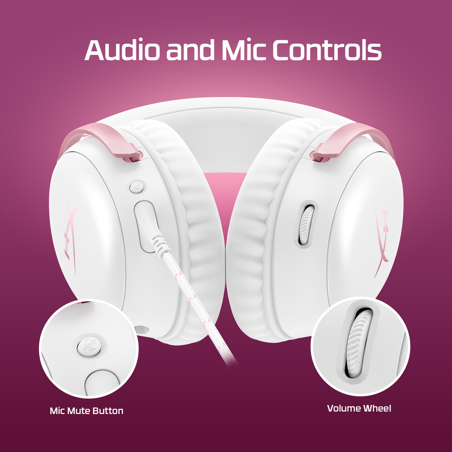 White and pink gaming headset, with mic mute button and volume wheel details. Text reads "Audio and Mic Controls."