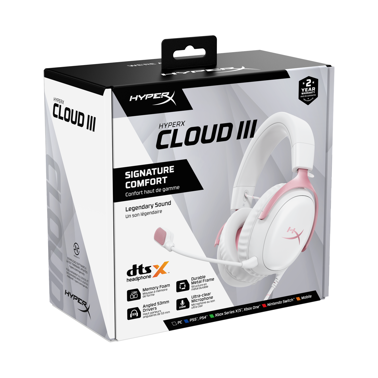 A white and pink HyperX Cloud III gaming headset box. Features include memory foam, angled drivers, and a durable metal frame.