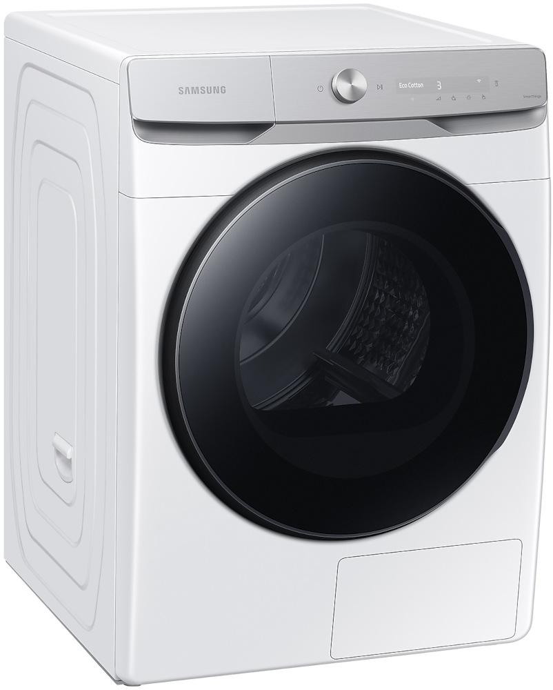 A white Samsung washing machine with a black door. It has a control panel at the top with buttons and a display.