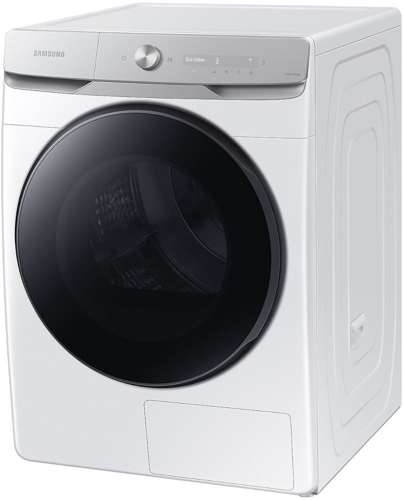 A white Samsung washing machine. It has a black door, a control panel, and a small drawer at the bottom.