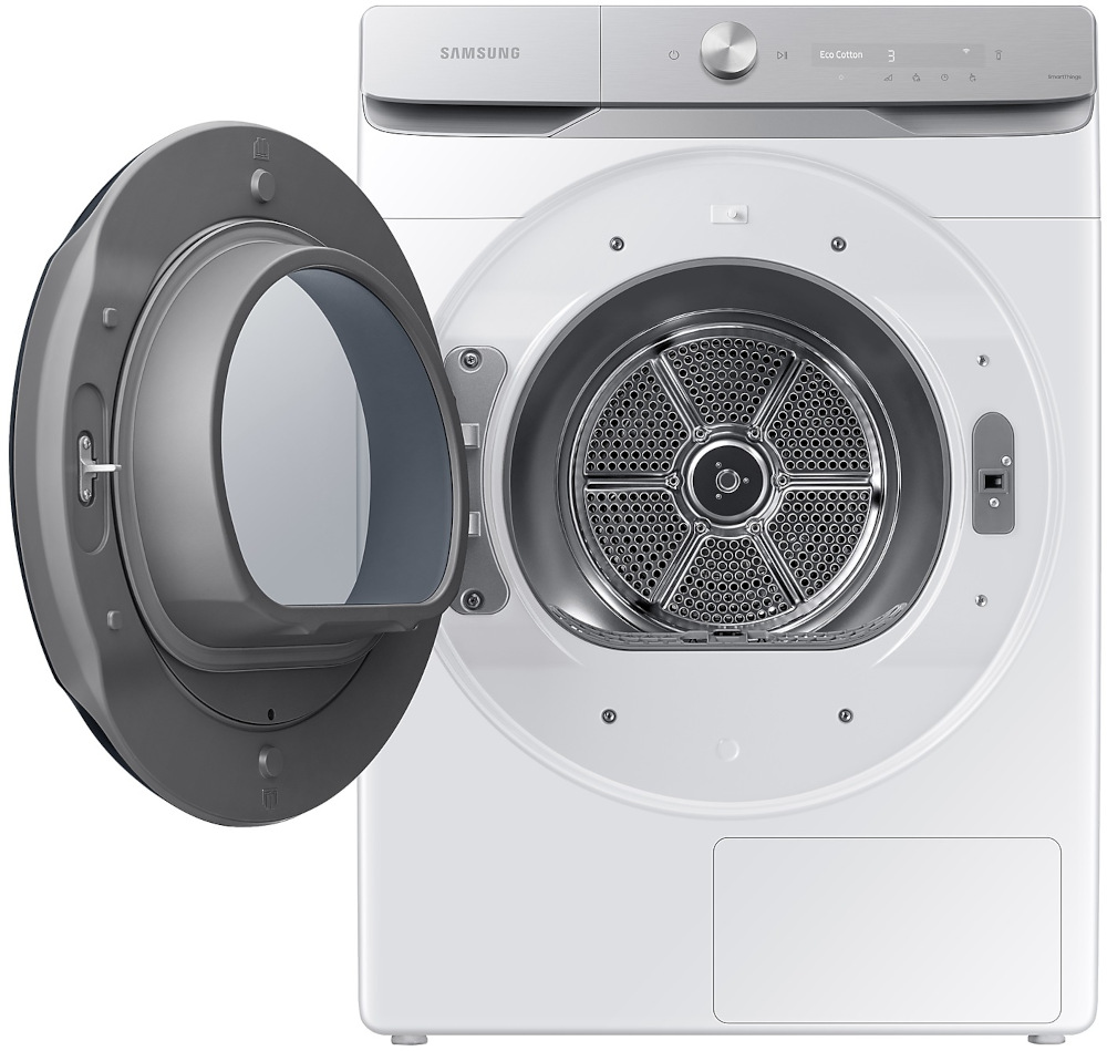 A white Samsung dryer with the door open, revealing the drum. The door is grey. The control panel is silver.