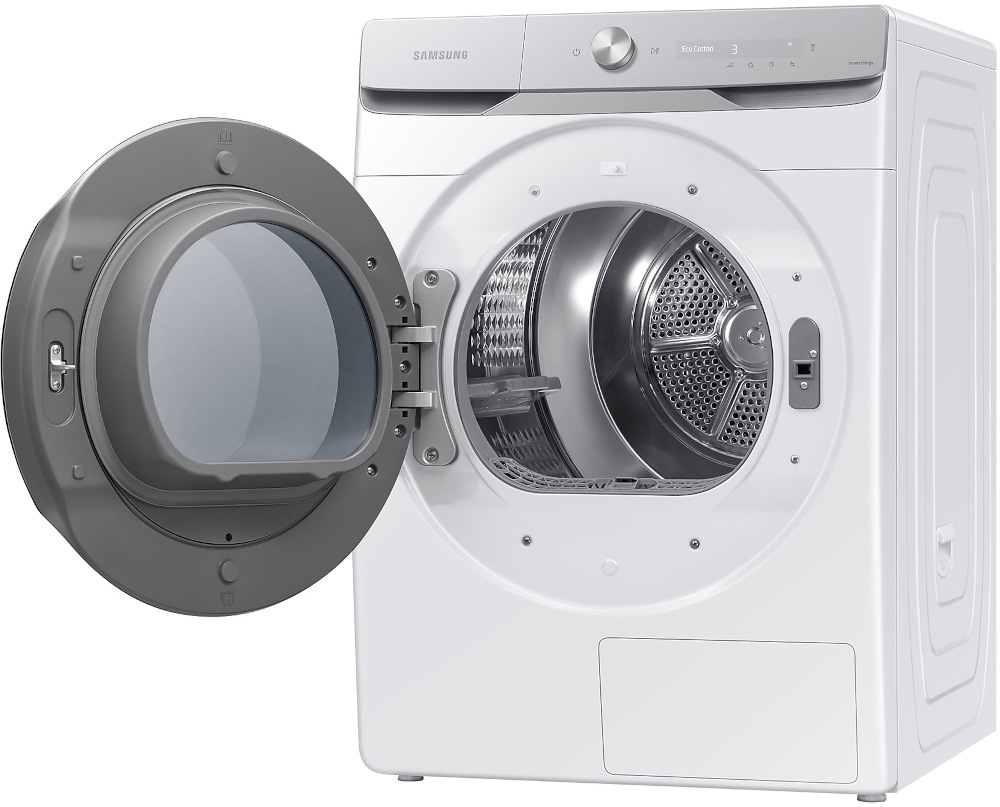 White Samsung dryer with open gray door. The interior drum is visible. Control panel is silver with buttons and a display.