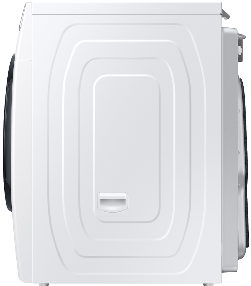Side view of a white washing machine. The back is white with curved lines. A handle is visible. A black door is on the left.