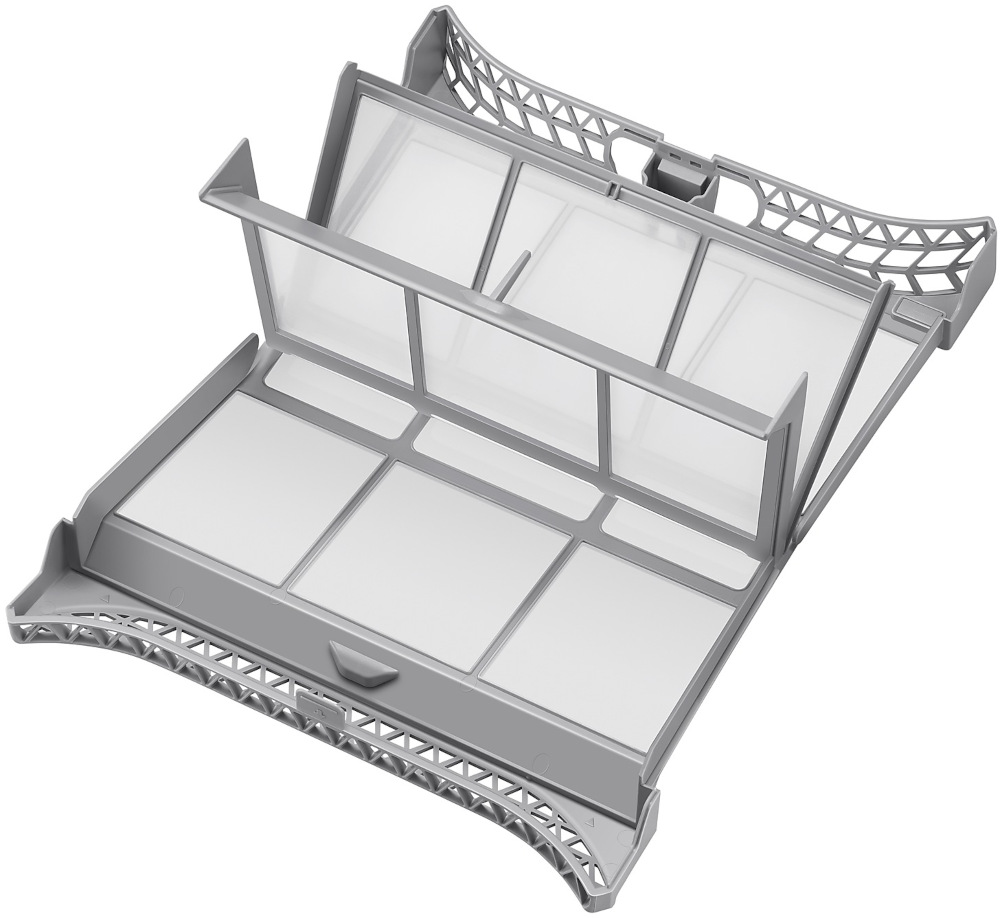 A gray, plastic dryer lint filter, with multiple rectangular filter compartments and a grid-like frame, is displayed on a white background.