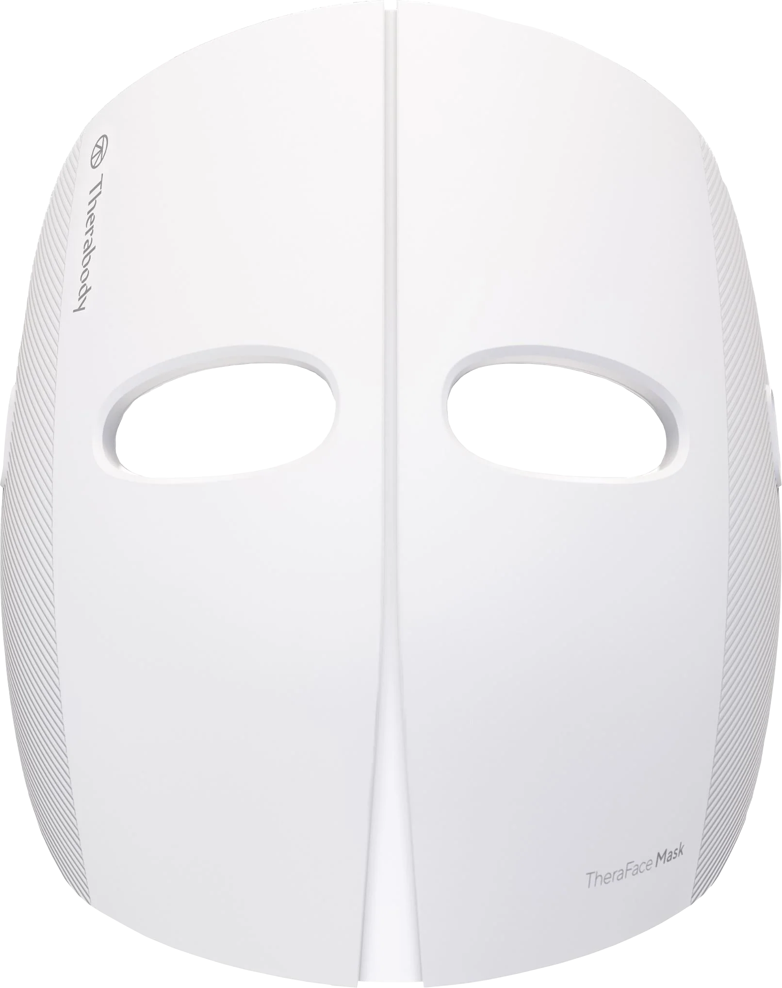 Eine weiße TheraFace-Maske mit Augenöffnungen. Die linke Seite hat das TheraBody-Logo und die rechte Seite sagt TheraFace Mask.