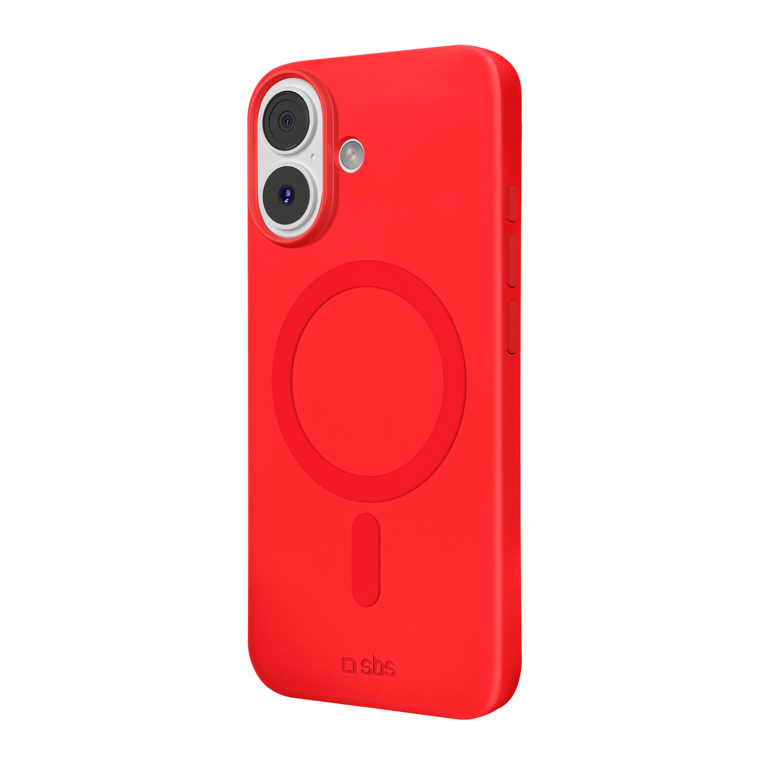 Een rode telefoonhoes met een uitsparing voor de camera, een magnetische cirkel en een merklogo op een zwarte achtergrond.