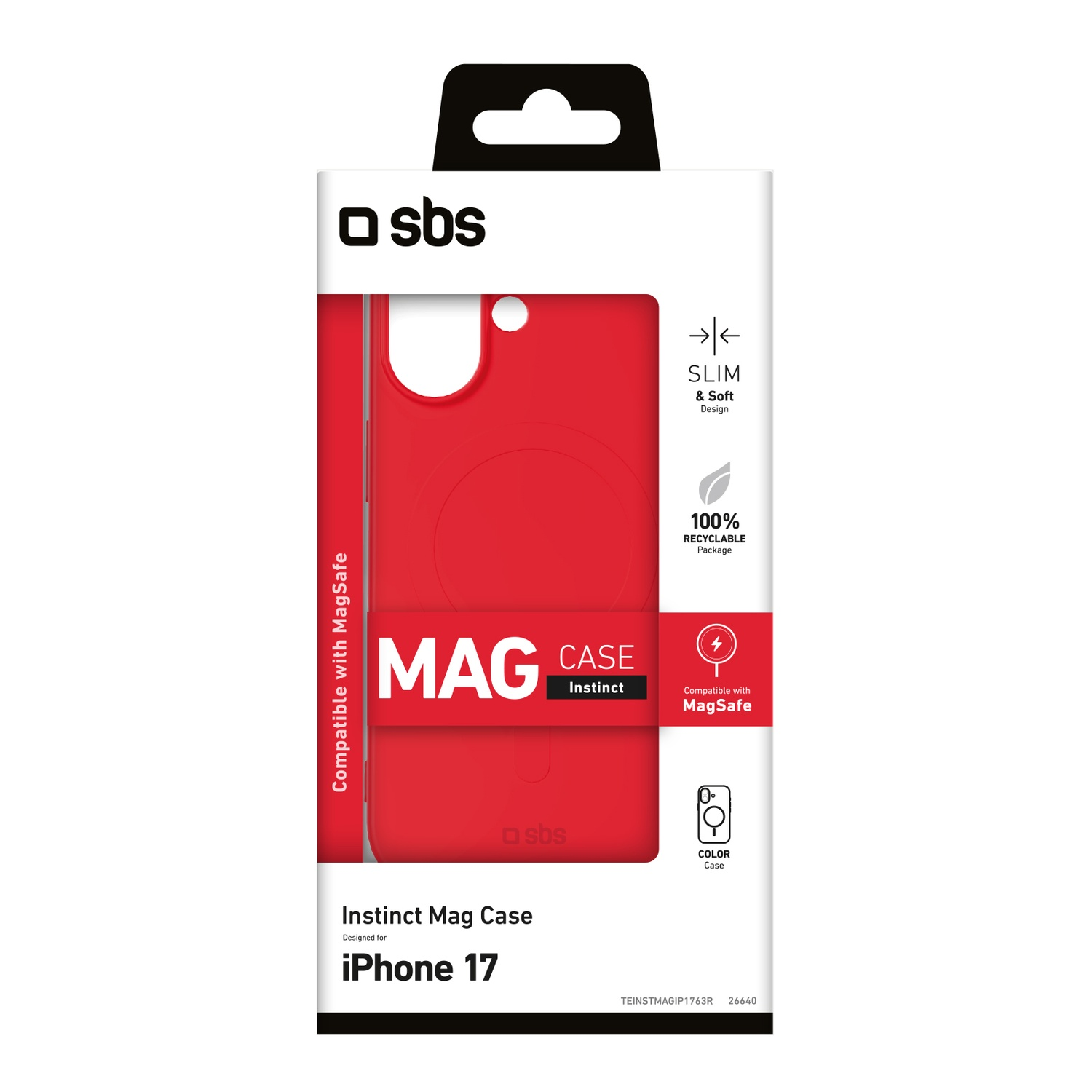 Een rode iPhone 17 case in een witte doos. Tekst: 'Mag Case', 'Compatible with MagSafe' en 'sbs' logo.