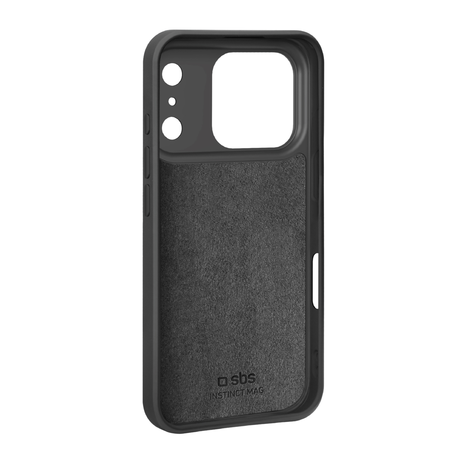Een zwarte telefoonhoes met uitsparingen voor de camera. De hoes heeft een getextureerd grijs binnenoppervlak met 'sbs INSTINCT MAG' bedrukt.