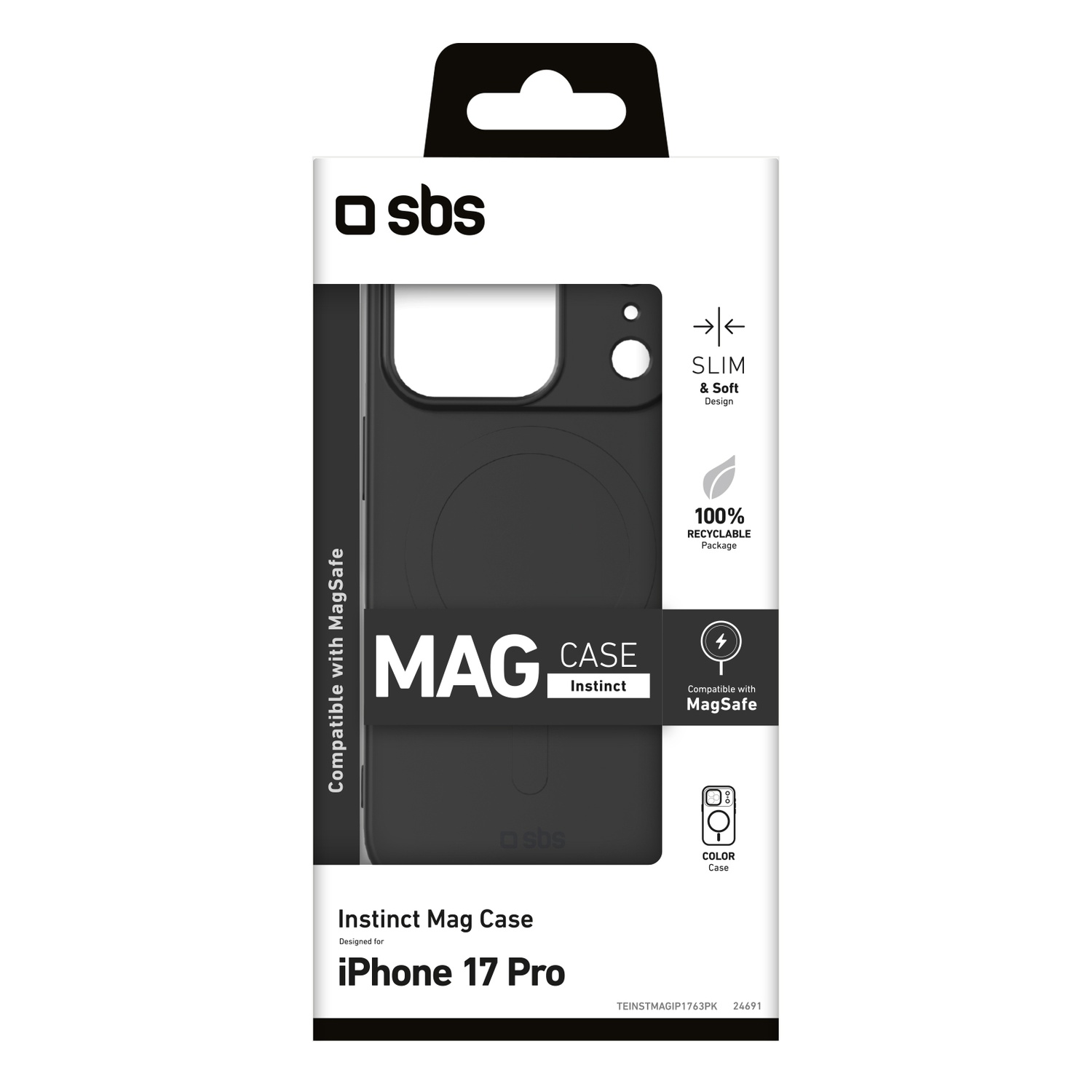 Een zwarte iPhone 17 Pro case van SBS. Het is een Mag Case met MagSafe compatibiliteit. De verpakking is wit met tekst en iconen.