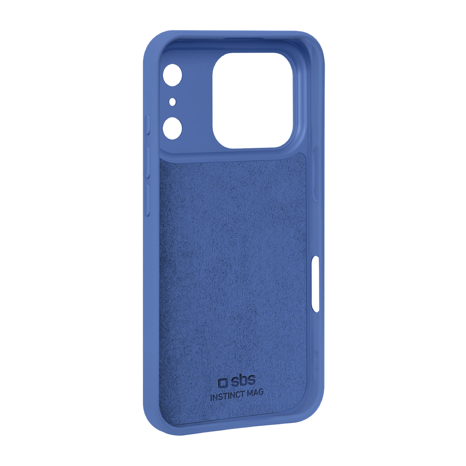 Coque de téléphone bleue avec intérieur texturé. Le logo SBS Instinct Mag est visible. La coque est sur fond noir.
