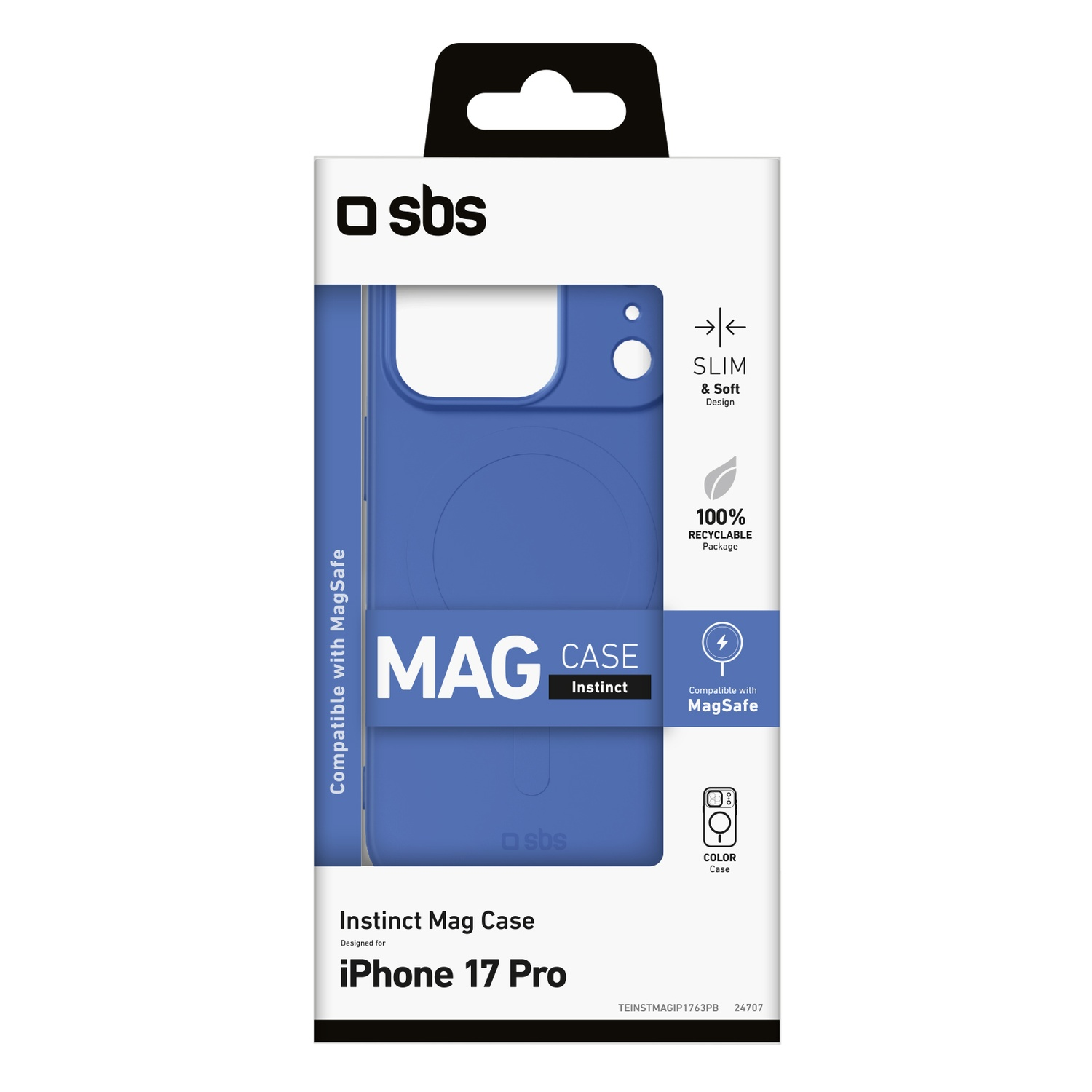 Un étui bleu pour iPhone est présenté dans son emballage, étiqueté 'Instinct Mag Case' avec le logo 'sbs'. L'emballage met en évidence la compatibilité MagSafe.