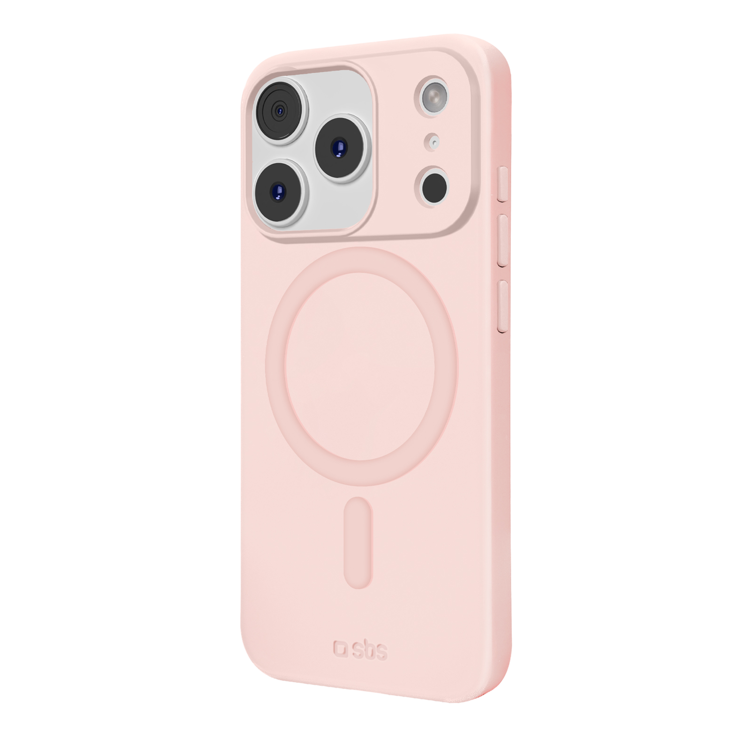 Een roze telefoonhoesje, met een camera-array en een magnetische cirkel, wordt getoond tegen een zwarte achtergrond. De case heeft het 'sbs' logo.