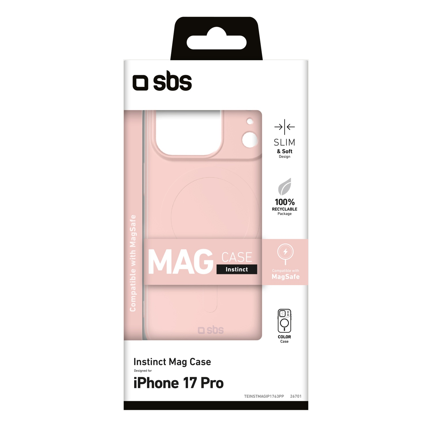 Een telefoonhoesjesdoos. Het is roze en wit met de merknaam 'sbs'. Er staat 'Instinct Mag Case' voor 'iPhone 17 Pro'.