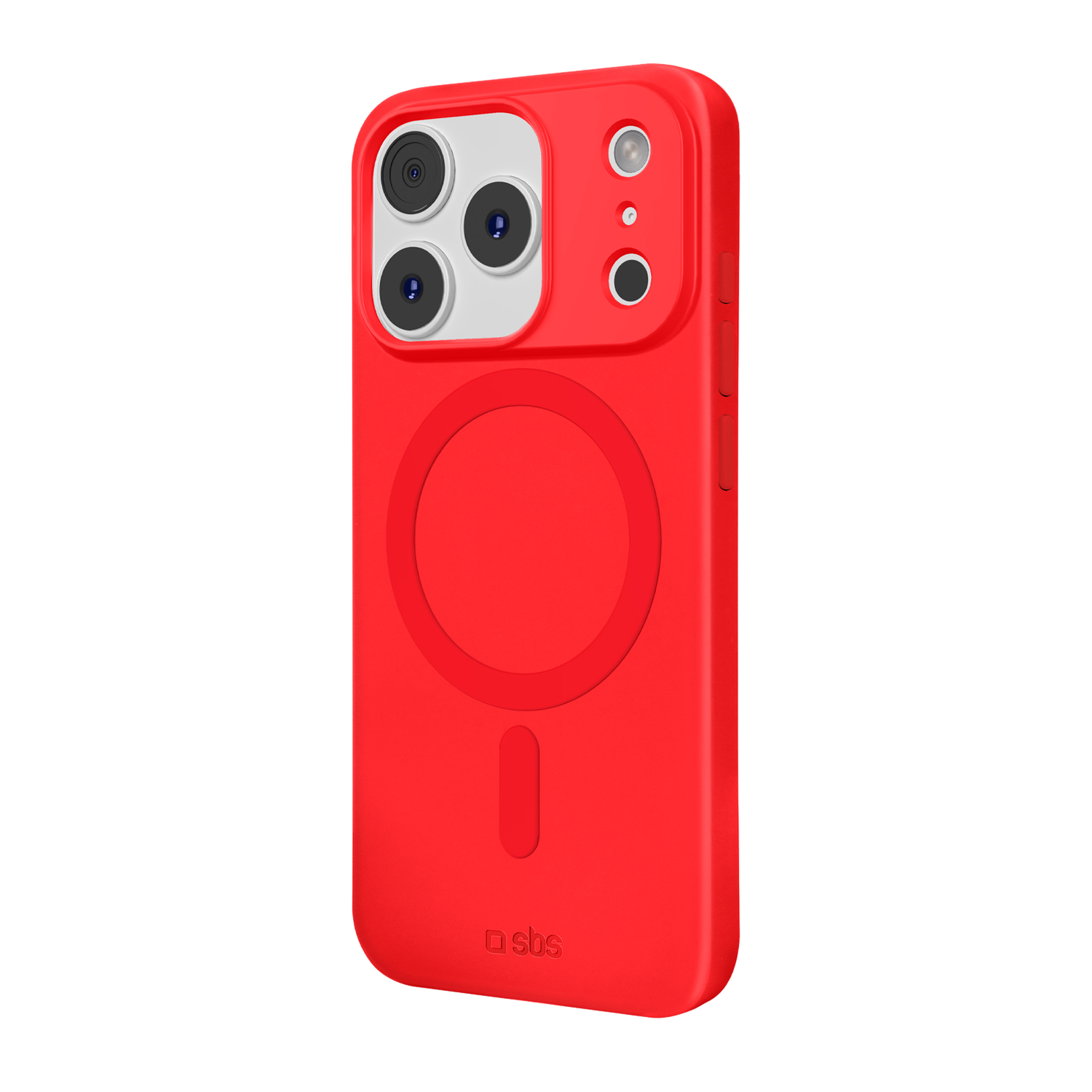 Coque de téléphone rouge avec découpes pour caméra, un design circulaire et le logo 'sbs'. Le fond est noir.