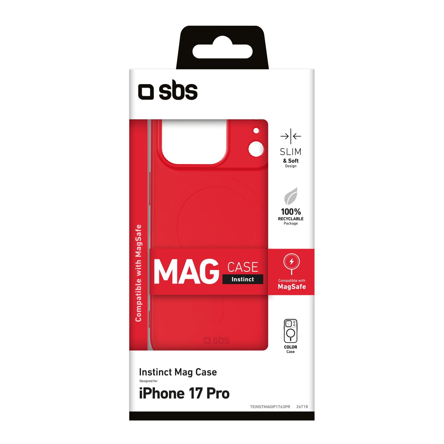 Une coque rouge pour iPhone dans un emballage noir et blanc. Le texte comprend 'MAG CASE', 'Instinct', 'Compatible with MagSafe' et 'iPhone 17 Pro'.