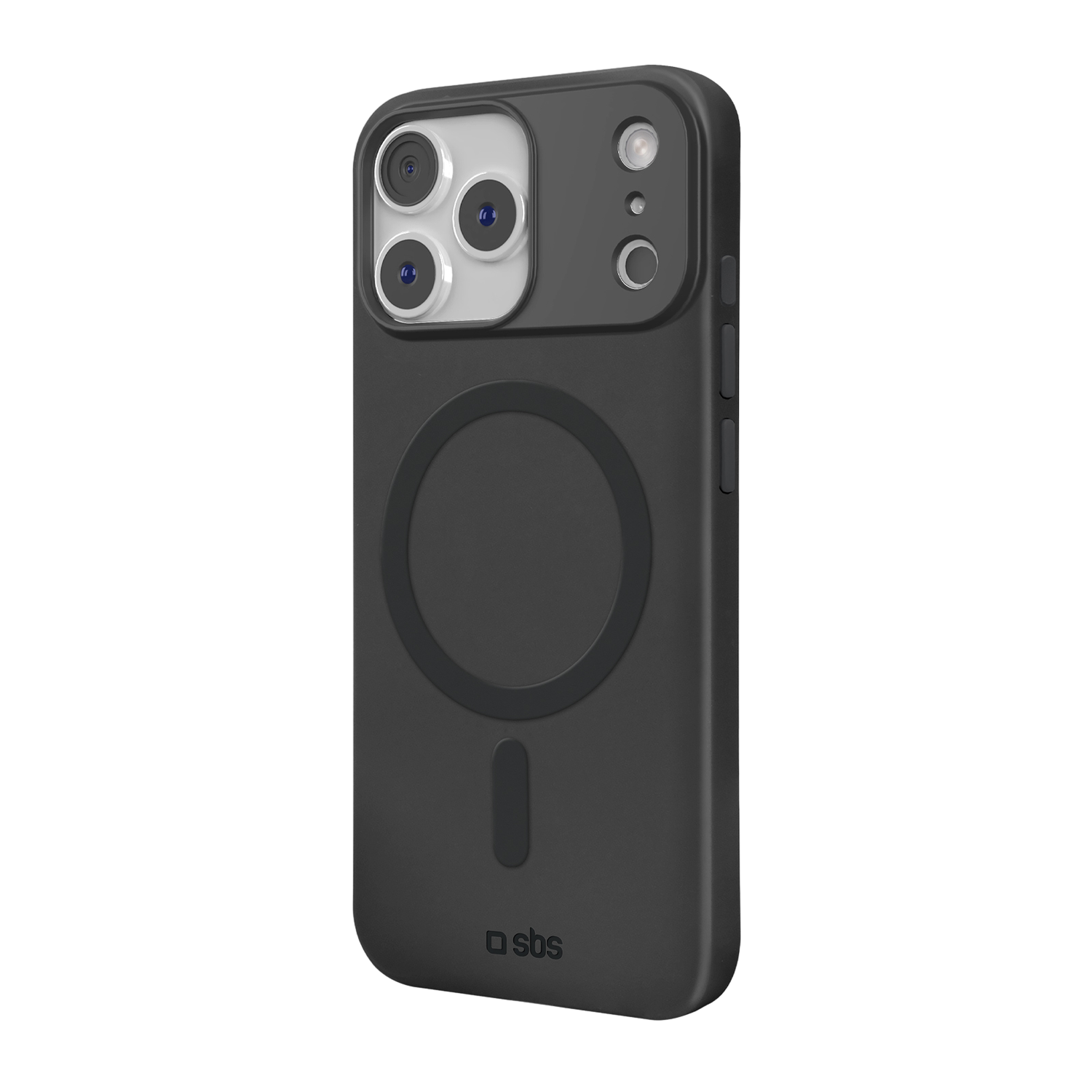 Coque de téléphone noire avec découpes pour appareil photo et anneau magnétique. La marque 'sbs' est imprimée en bas. Le fond est noir.