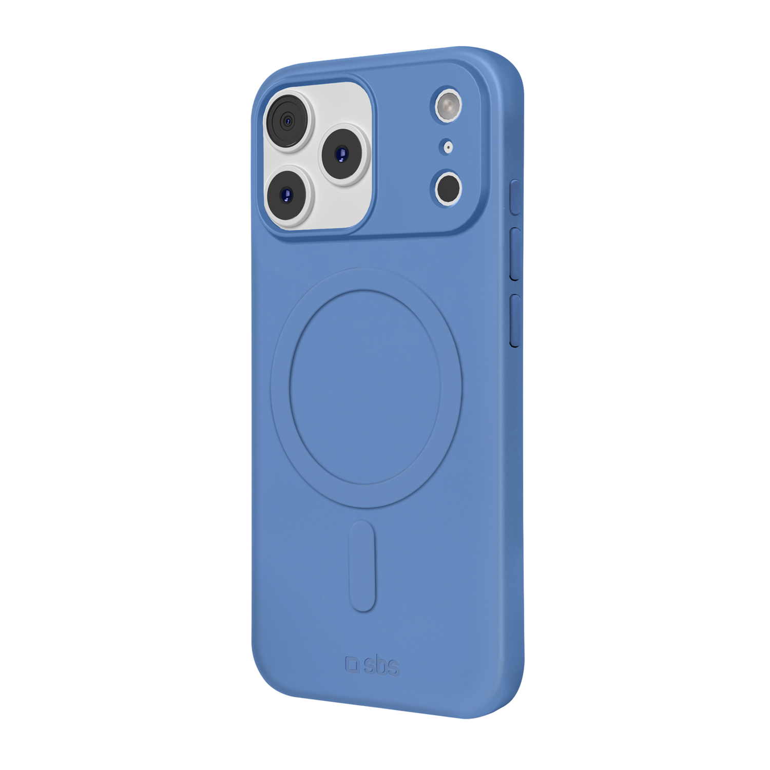 Blauwe telefoonhoes met camera-uitsparingen en een magnetische cirkel. Het logo "sbs" is zichtbaar. De achtergrond is zwart.