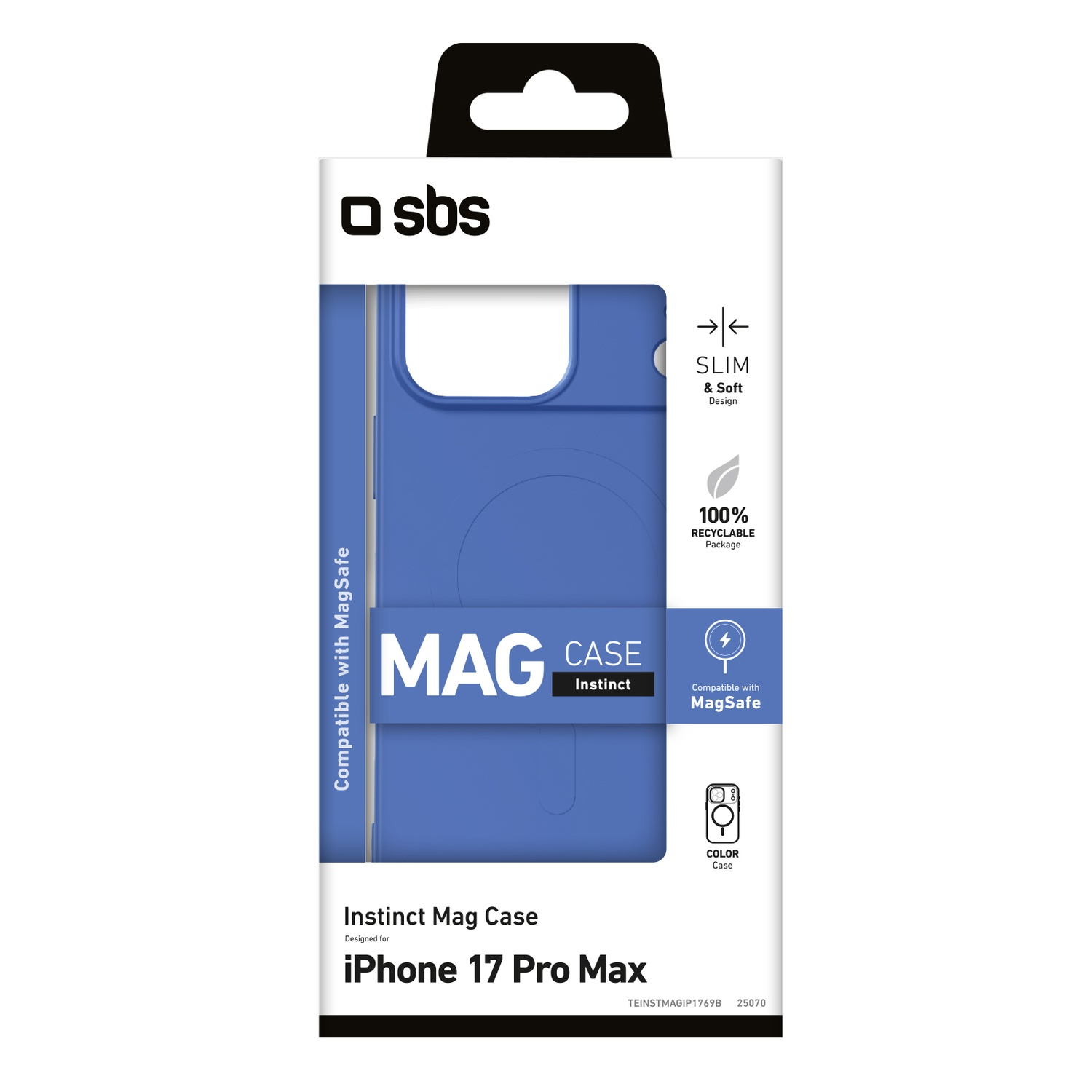 Een telefoonhoesjesdoos met blauwe hoes zichtbaar. Bevat tekst: Mag Case, Instinct, Compatibel met MagSafe en iPhone 17 Pro Max.