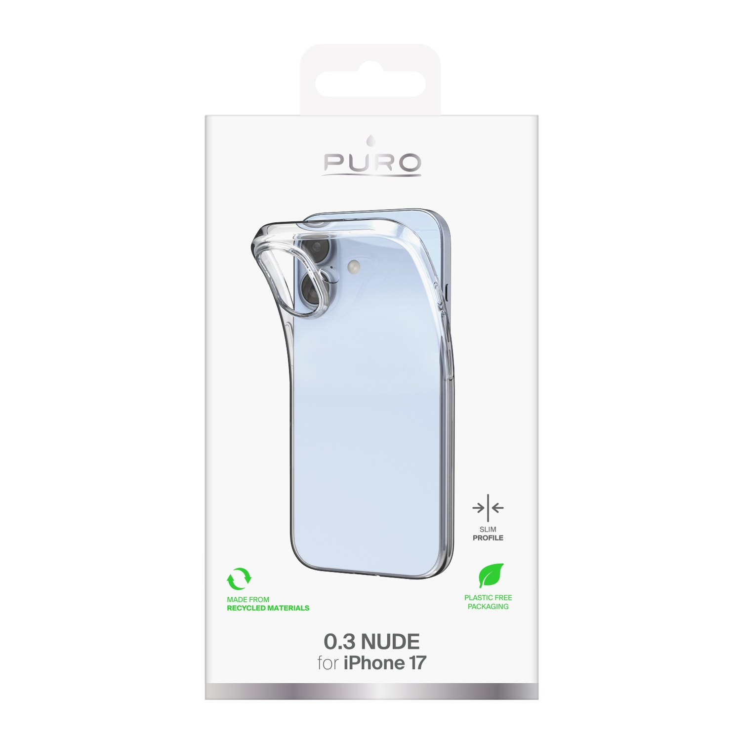 Een doorzichtige telefoonhoes voor een iPhone 17 wordt in de verpakking getoond. De verpakking heeft de merknaam 'PURO' bovenaan.