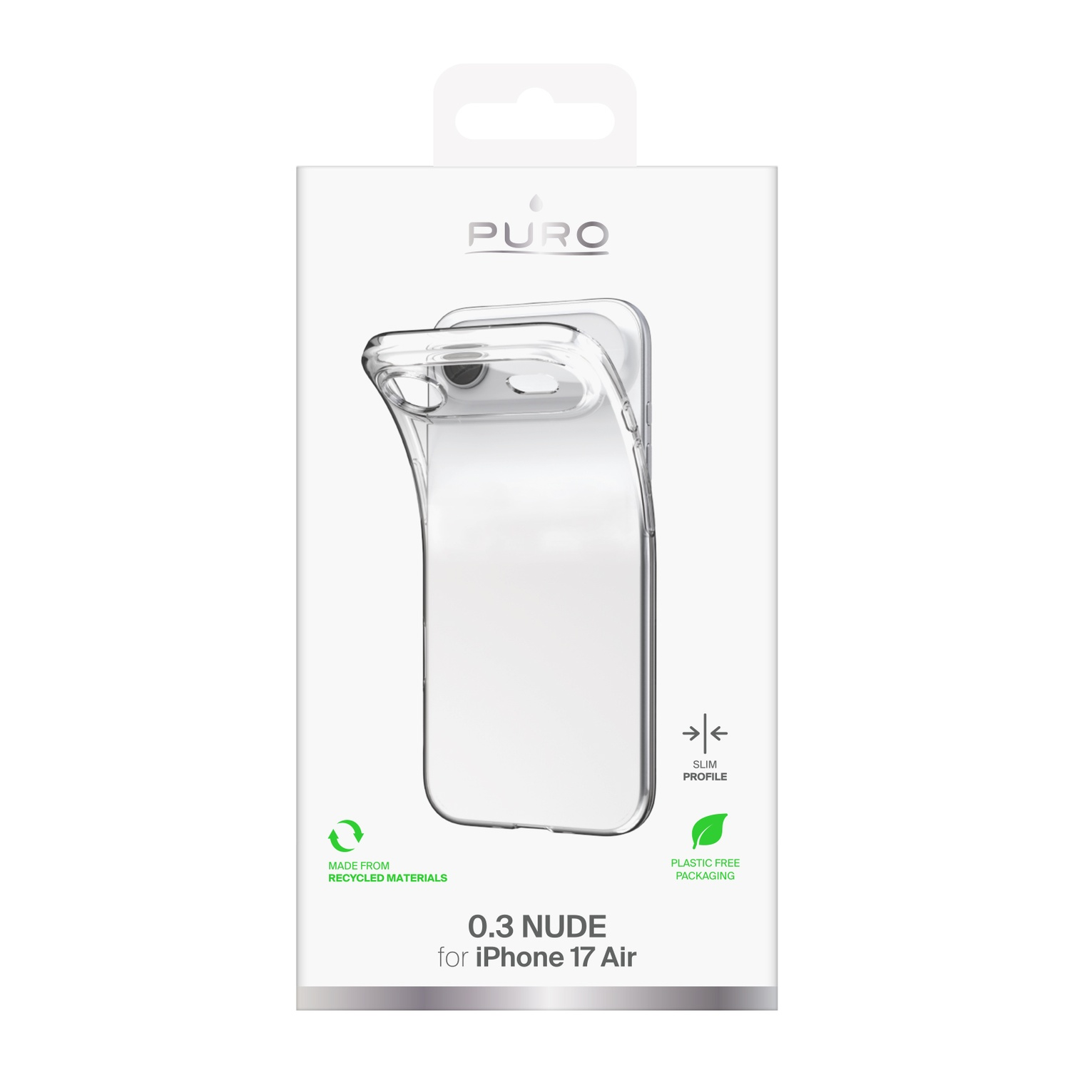Een doorzichtige iPhone-hoes in verpakking. De hoes wordt weergegeven op een witte achtergrond met de tekst '0.3 NUDE for iPhone 17 Air'.