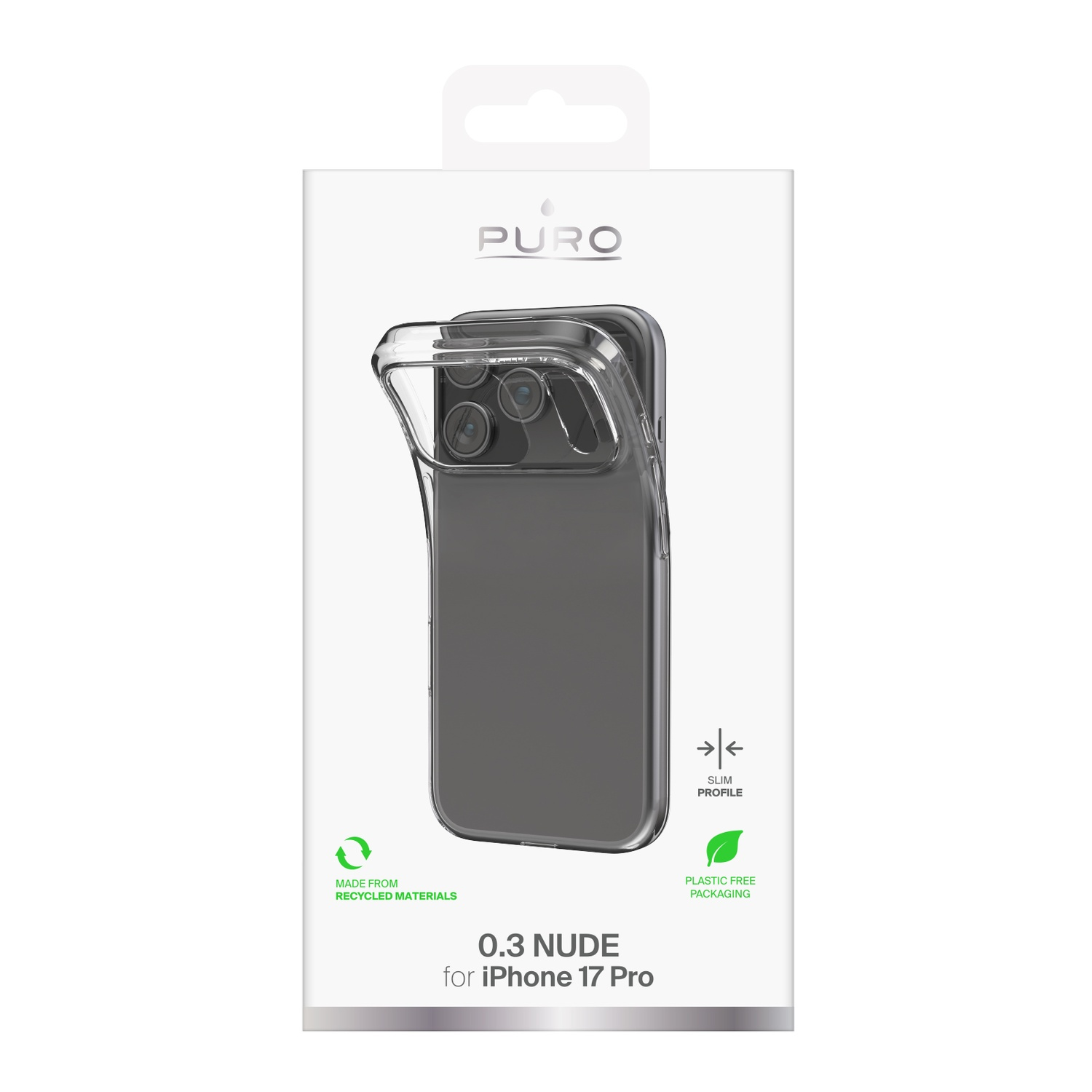 Transparante telefoonhoes op een witte doos. Tekst bevat 'PURO', '0.3 NUDE', 'for iPhone 17 Pro' en 'Made from recycled materials'.