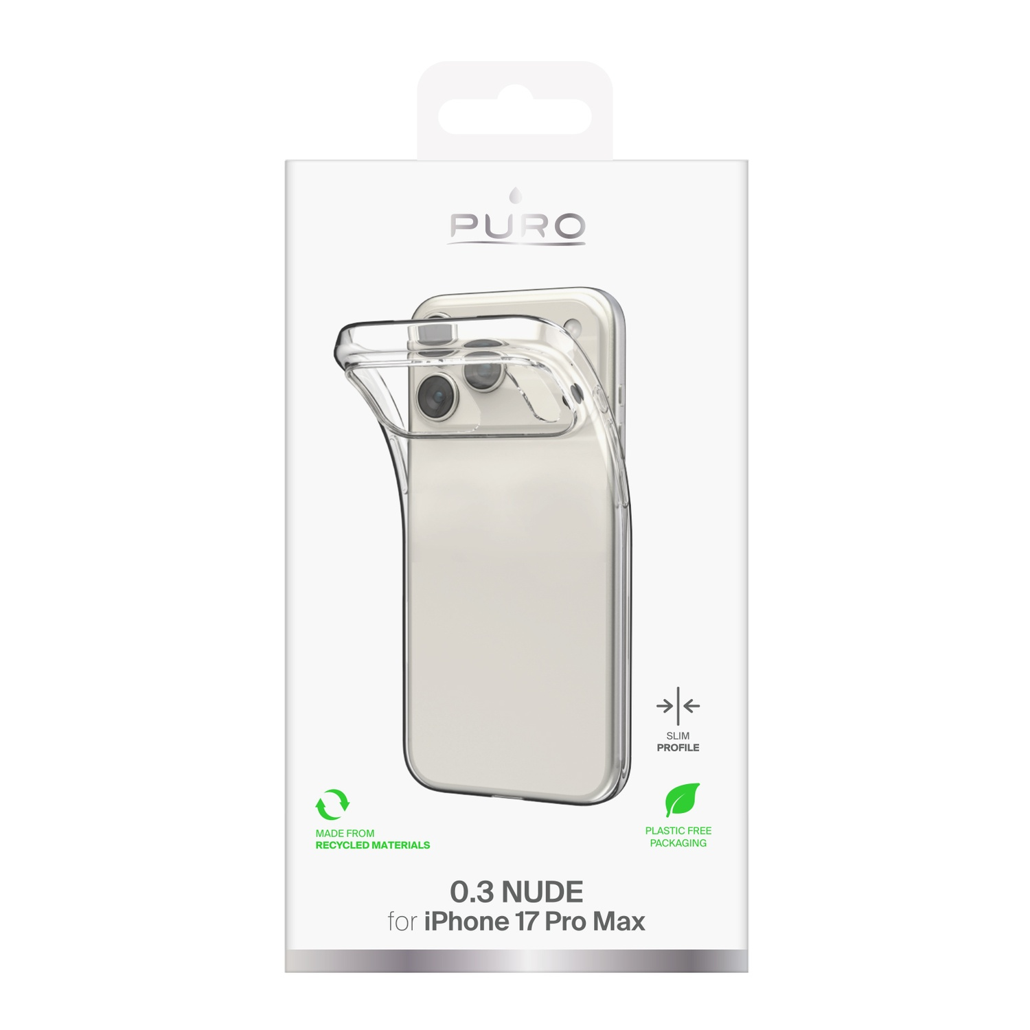 Transparante telefoonhoes op de verpakking. De verpakking is wit met tekst en logo's. De hoes is nude van kleur. Het is voor een iPhone 17 Pro Max.