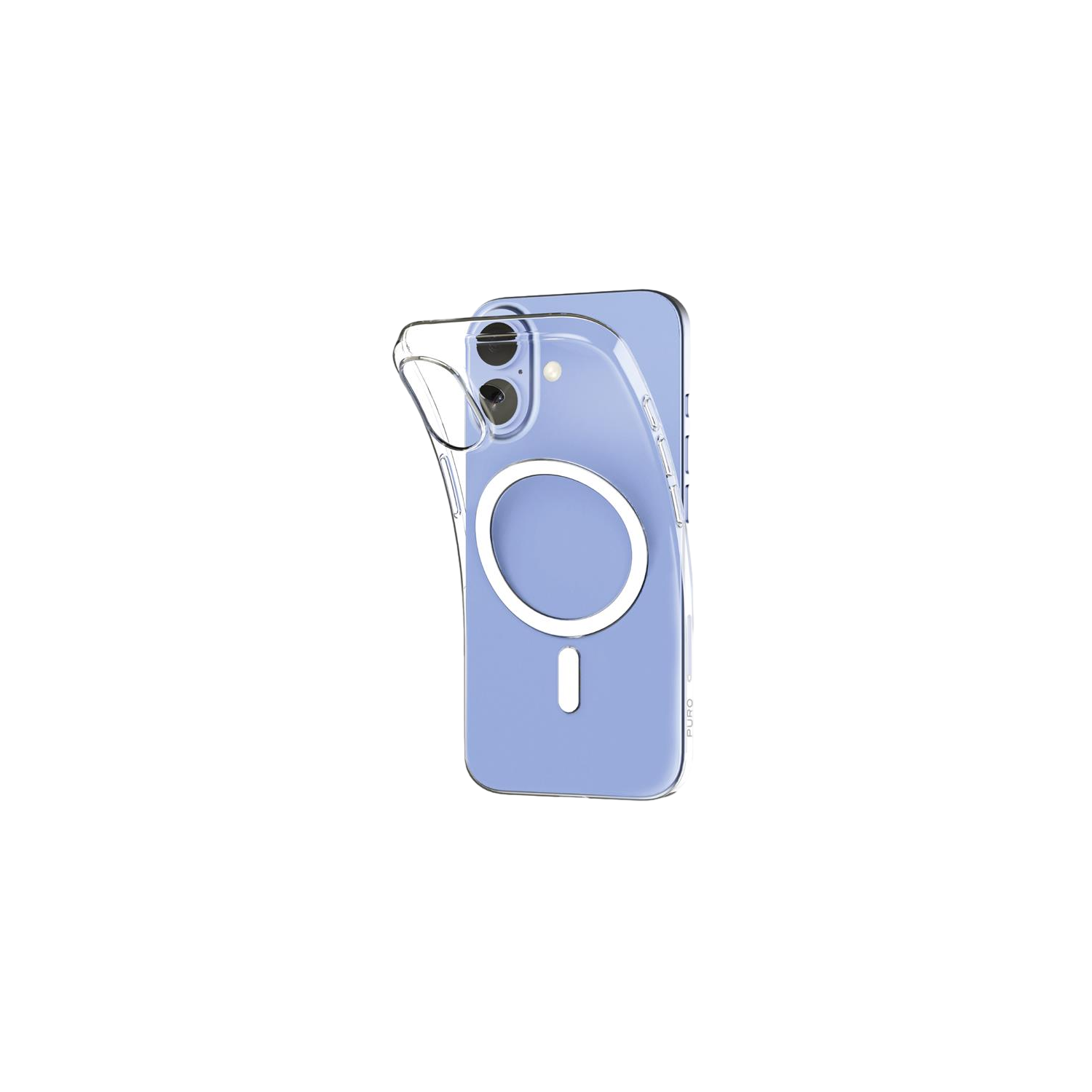 Een telefoon in een doorzichtige hoes met een witte cirkel en minteken op een lichtblauwe achtergrond, tegen een zwarte achtergrond.