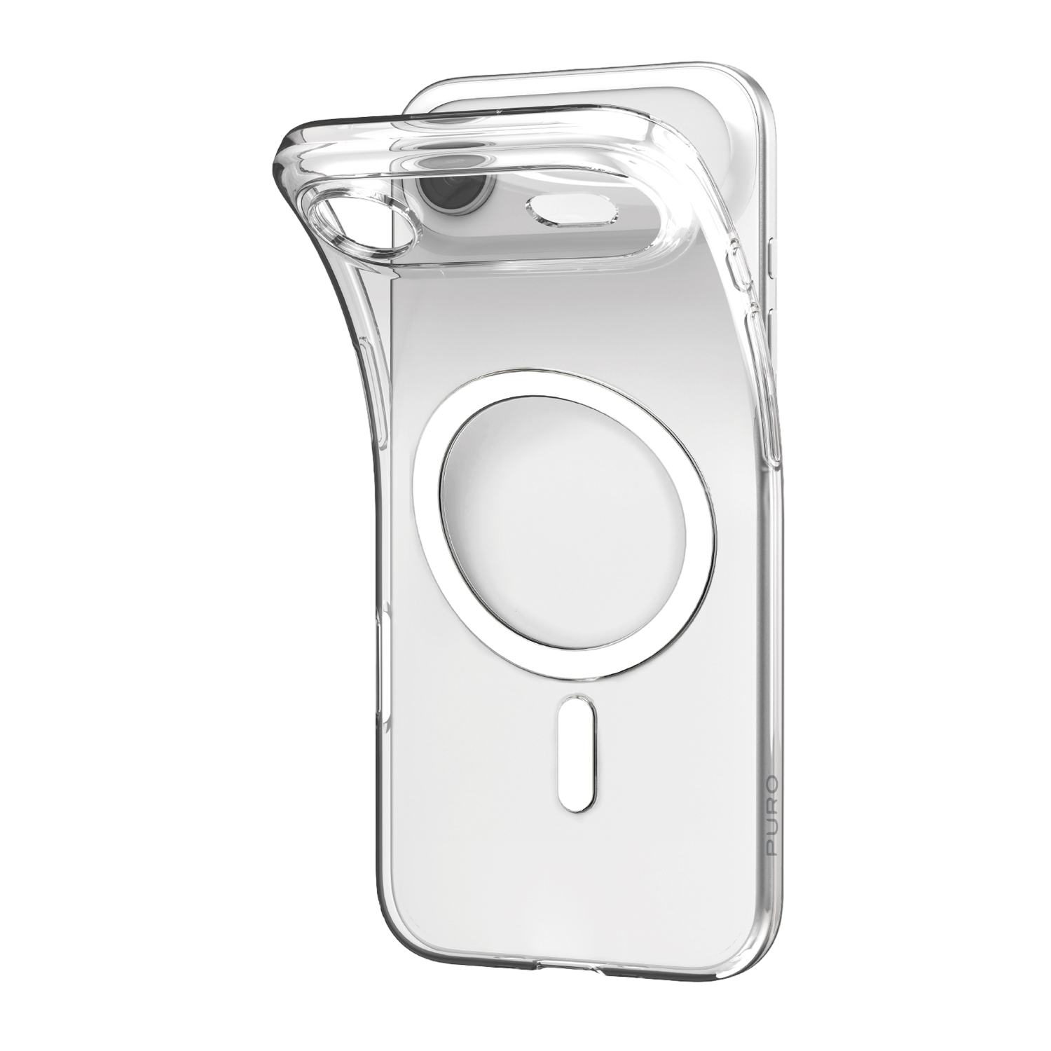 Een doorzichtige telefoonhoes met een witte, cirkelvormige MagSafe-ring en een witte verticale rechthoek. De achtergrond is zwart.