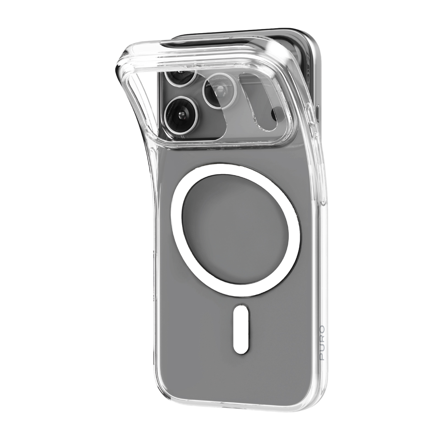 Transparante telefoonhoes op zwarte achtergrond. Voorzien van camera-uitsparingen, een witte ring en een zwarte rechthoek.