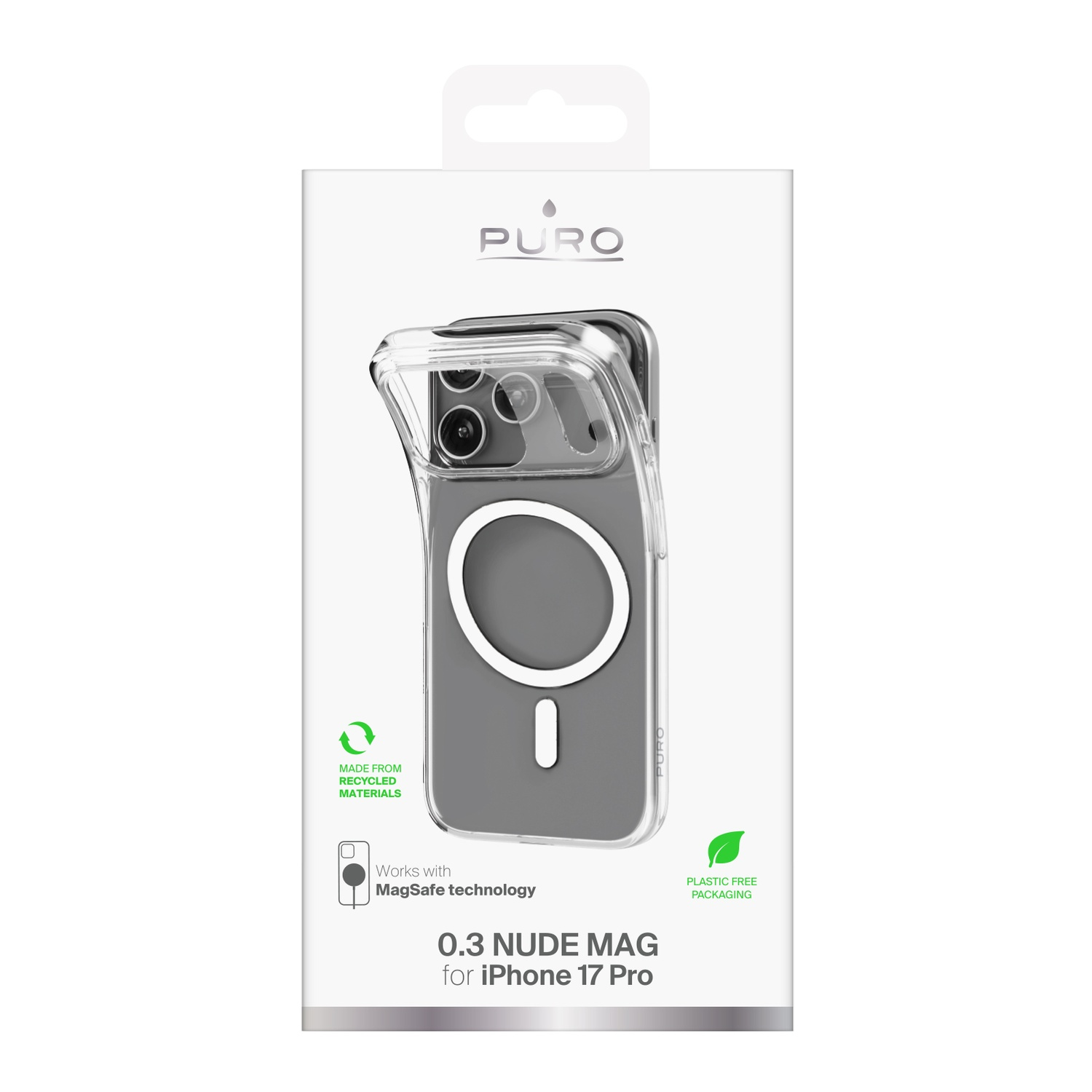 Een telefoonhoesje in een witte doos. De hoes is transparant en bedekt de telefoon. Tekst bevat "PURO", "MagSafe", "gerecycled materiaal".