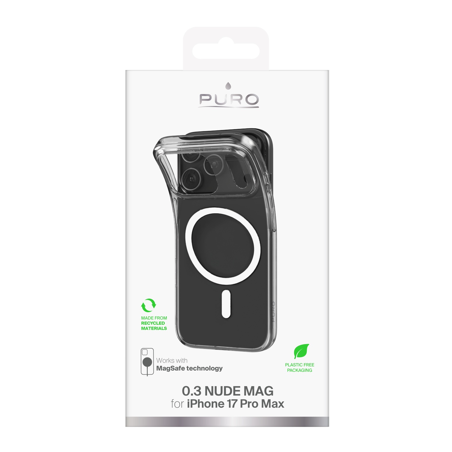 Een telefoonhoesje voor een iPhone 17 Pro Max. De hoes is transparant met een zwarte MagSafe-ring op een witte doos. De tekst luidt: PURO, NUDE MAG.