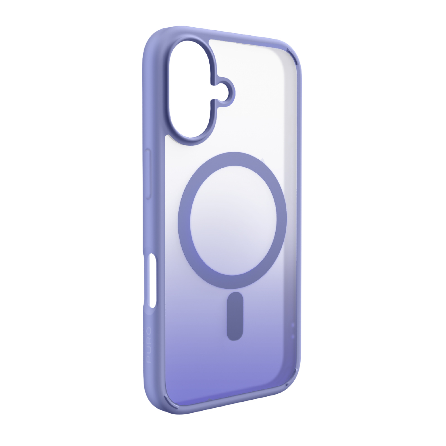 Een transparante telefoonhoes met een paarse gradiënt. Het heeft een cirkelvormige MagSafe-ring en een zwarte achtergrond.