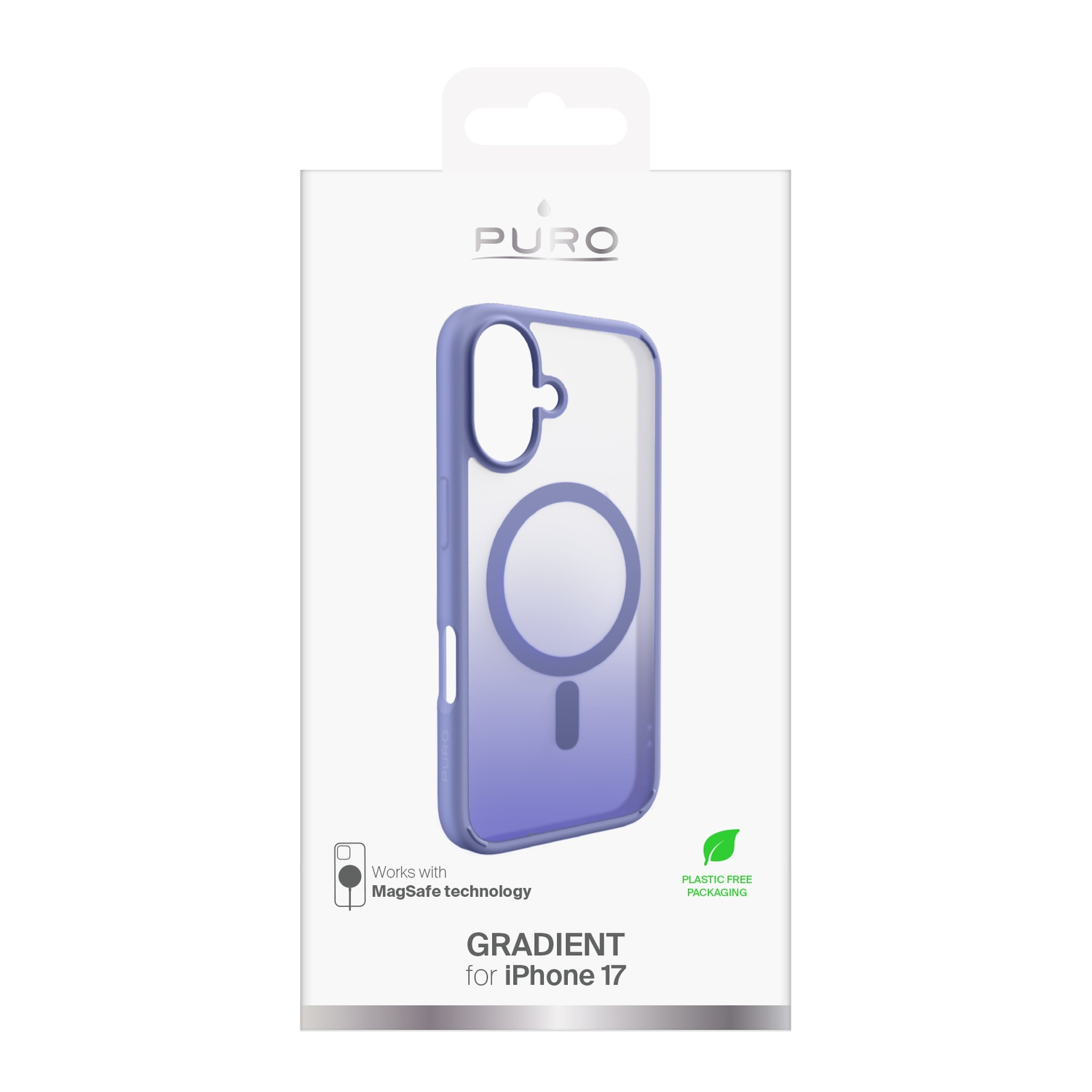 Een telefoonhoesje in een witte doos. De hoes is paars en transparant, met een verloop. De doos zegt 'PURO' en 'GRADIENT voor iPhone 17'.