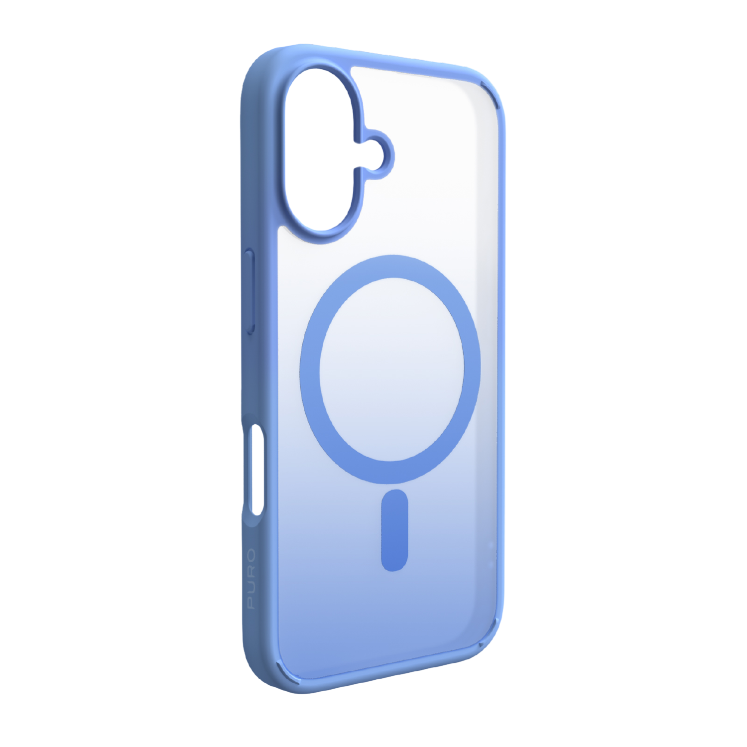 Een lichtblauwe telefoonhoes met een transparante achterkant. Het heeft een cirkelvormig en verticaal rechthoekig ontwerp aan de achterkant. De achtergrond is zwart.