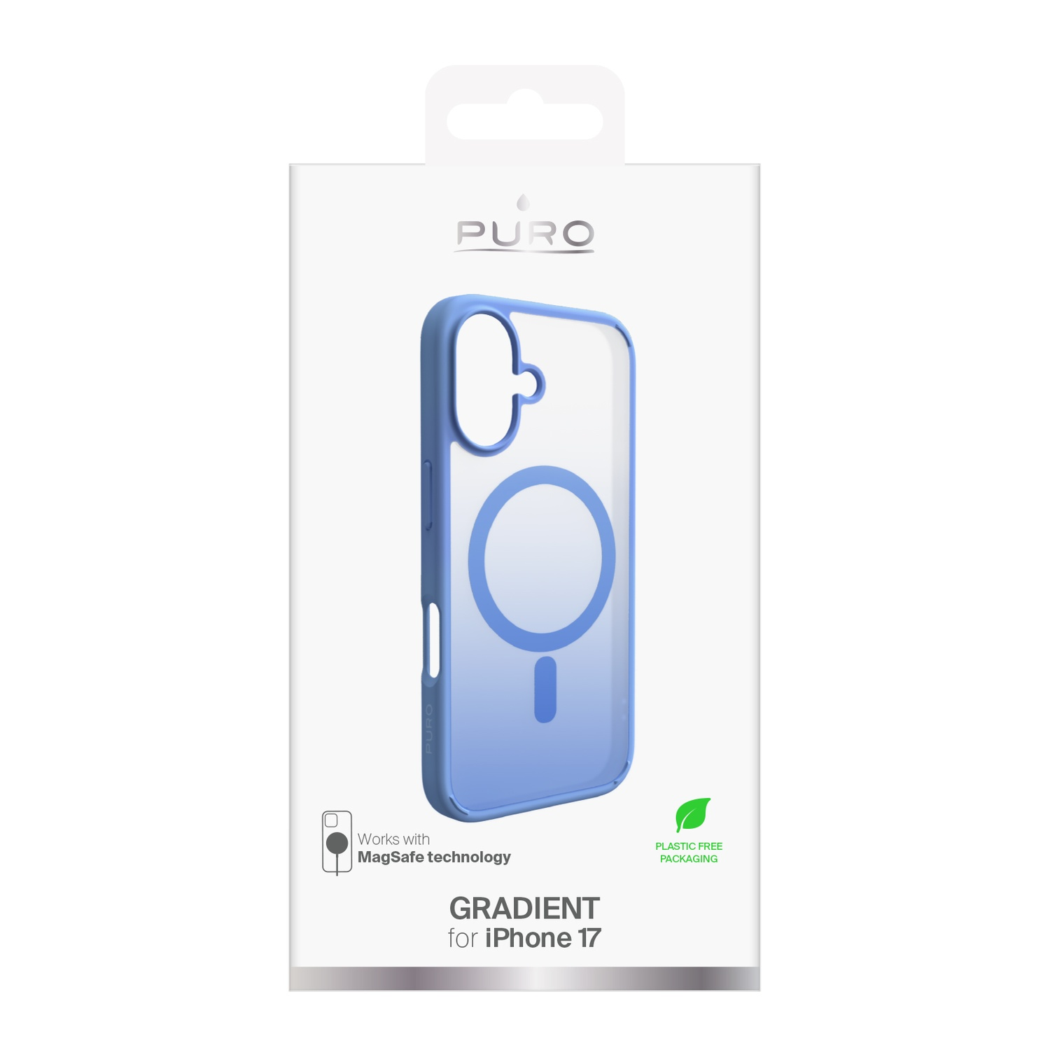 Een telefoonhoesje in een witte doos. De hoes is blauw en transparant, met een gradiënteffect. Op de doos staat 'PURO' en 'GRADIENT for iPhone 17'.