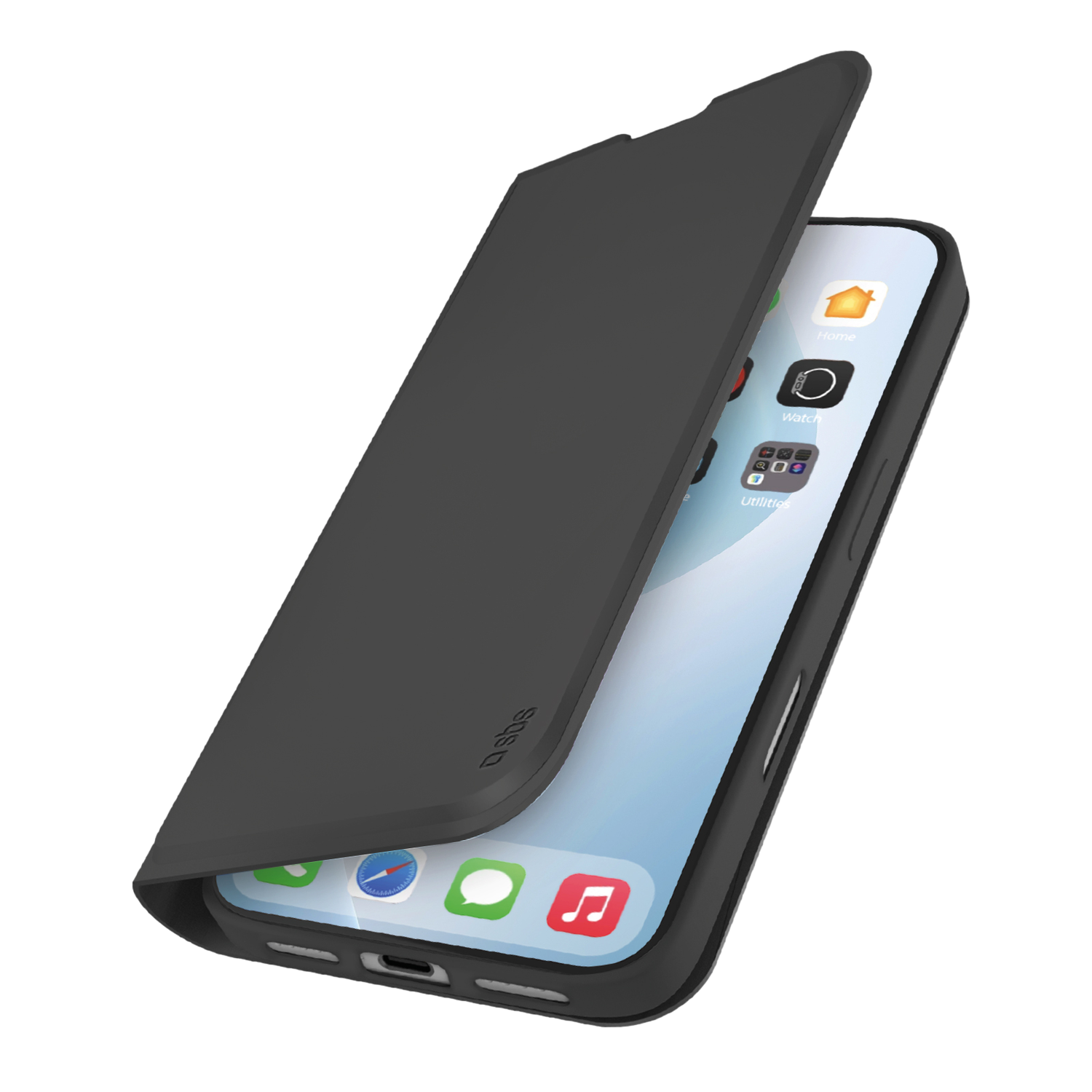 Een zwarte telefoonhoes met de klep gedeeltelijk open, onthult een telefoonscherm met app-iconen op een zwarte achtergrond.