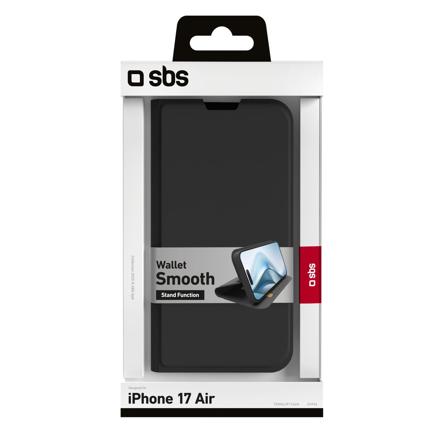 Een zwarte telefoonportemonnee in een witte doos. De case is voor een iPhone 17 Air en heeft een standfunctie.